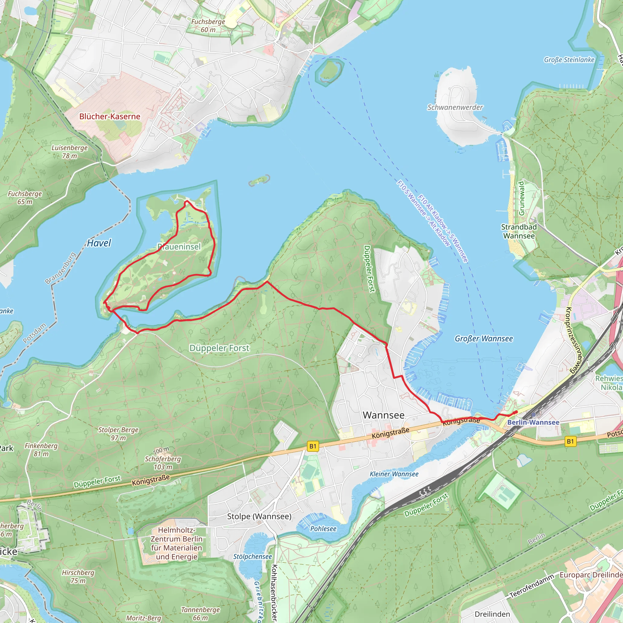 Großer Wannsee and Pfaueninsel via Wannseeweg and Noerdlicher Uferweg mobile static map