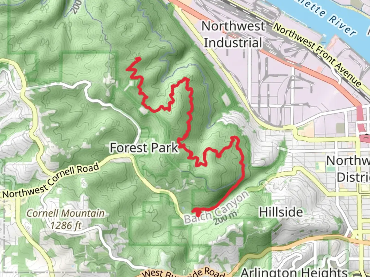 An image depicting the trail Wildwood Trail from Northwest Cornell Road and its surrounding area.