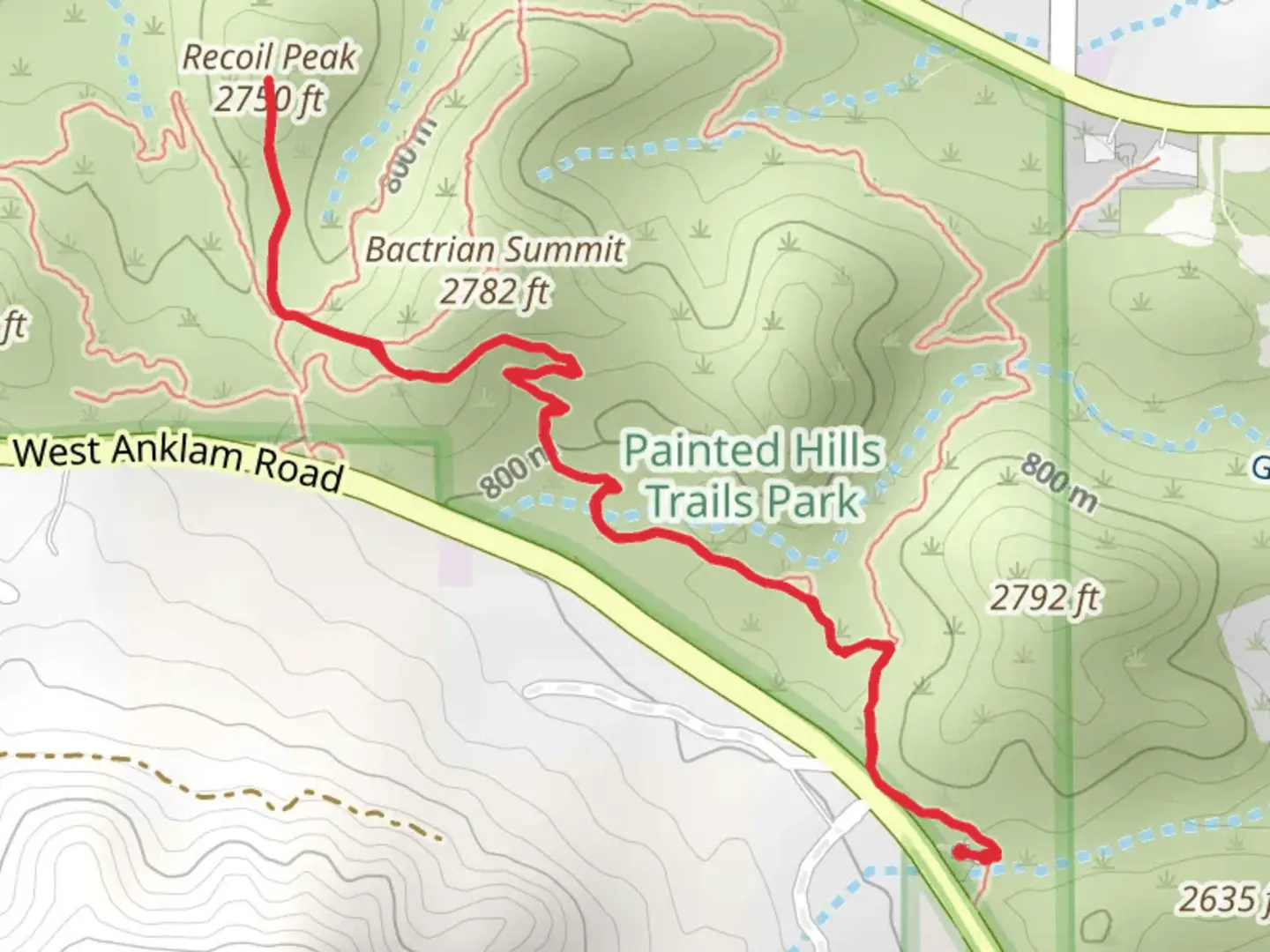An image depicting the trail Recoil Peak via Mosaic Trail and its surrounding area.
