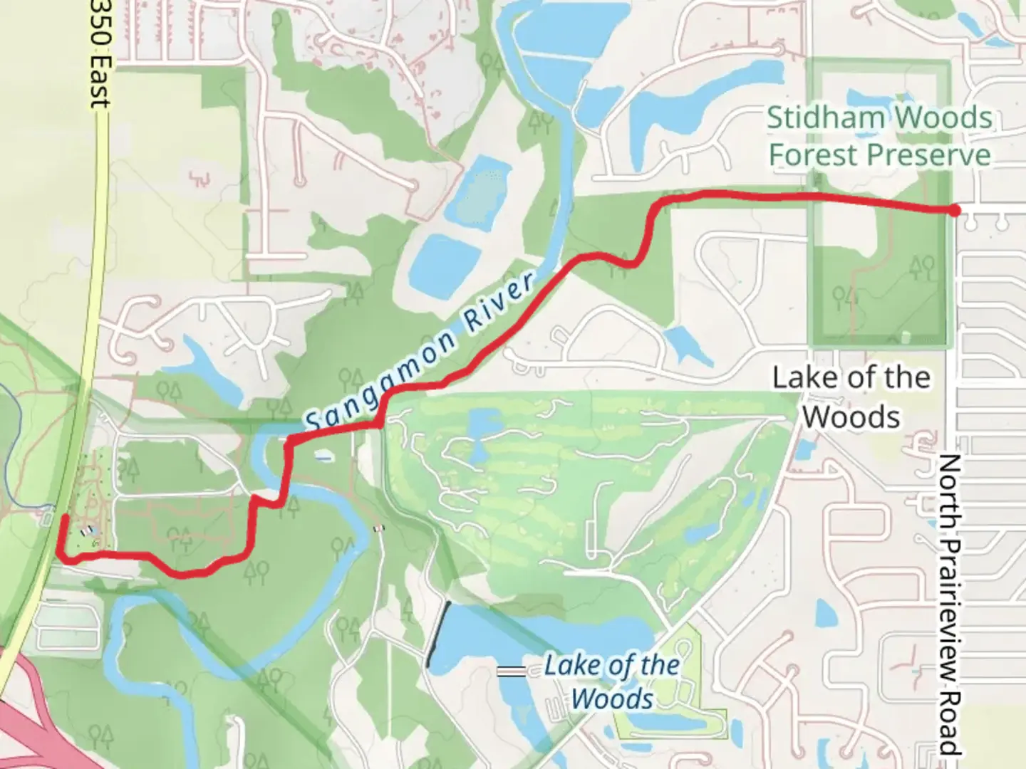 An image depicting the trail Sangamon River Walk from Fogel Road and its surrounding area.