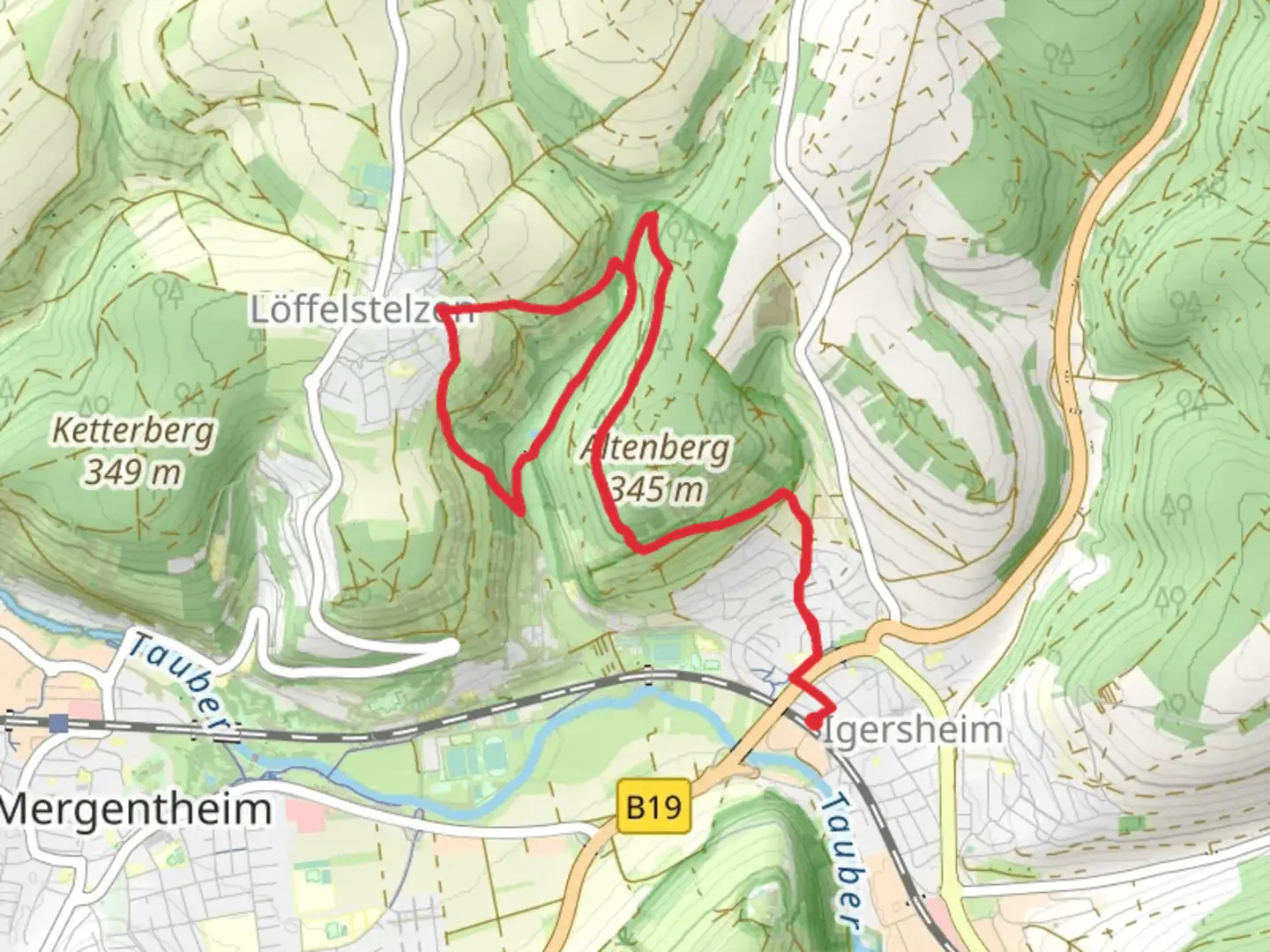 An image depicting the trail Rundwanderweg Igersheim and Erlenbachtal Weg and its surrounding area.