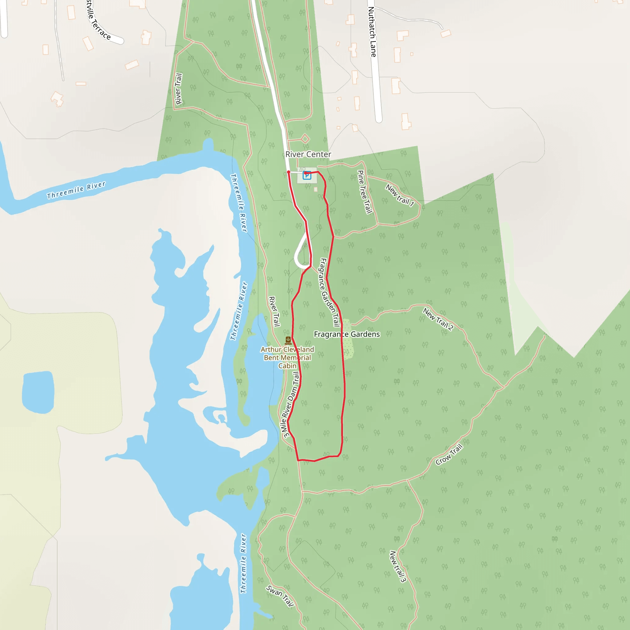 Fragrance Garden Trail and Three Mile River Dam Trail Loop mobile static map
