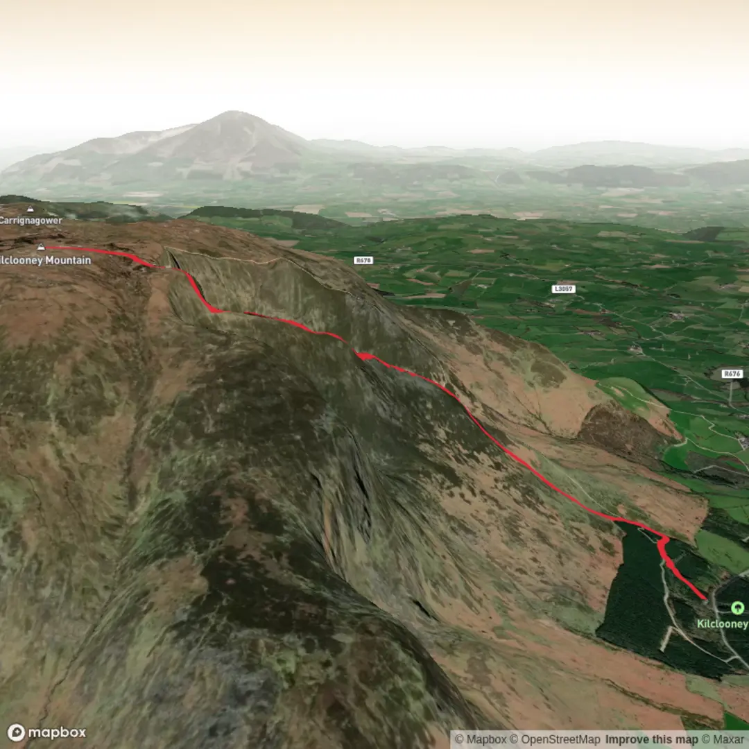 An image depicting the trail Kilcooney Mountain via Fauscoum and its surrounding area.