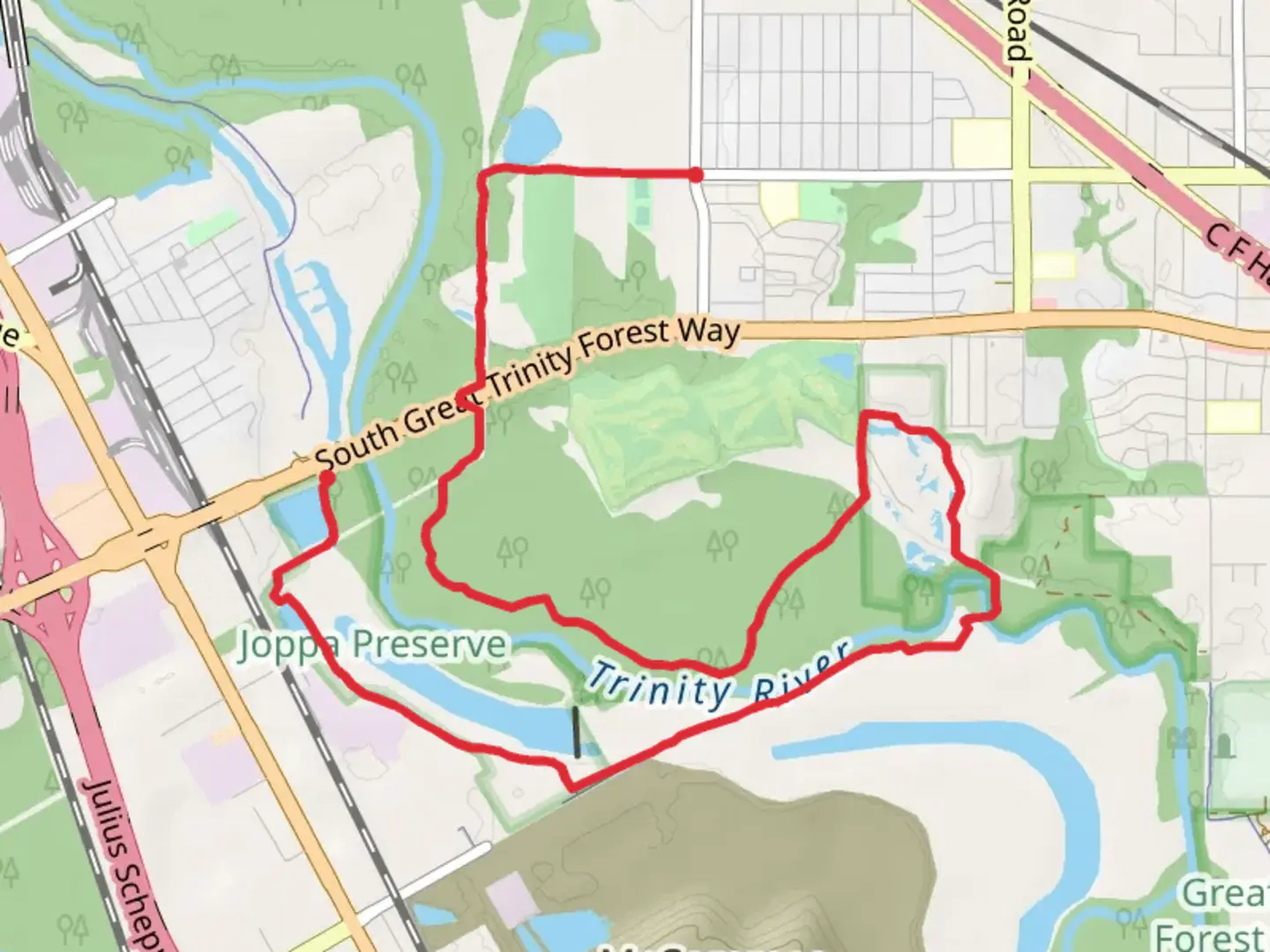 An image depicting the trail Trinity Forest Trail and its surrounding area.