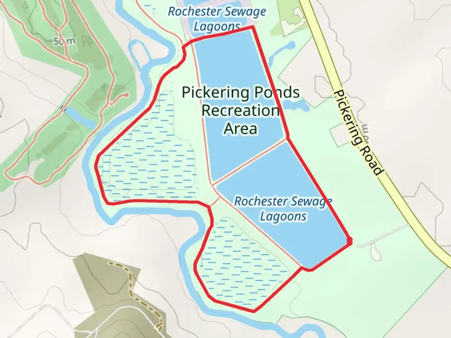An image depicting the trail Pickering Ponds Recreation Area Loop and its surrounding area.