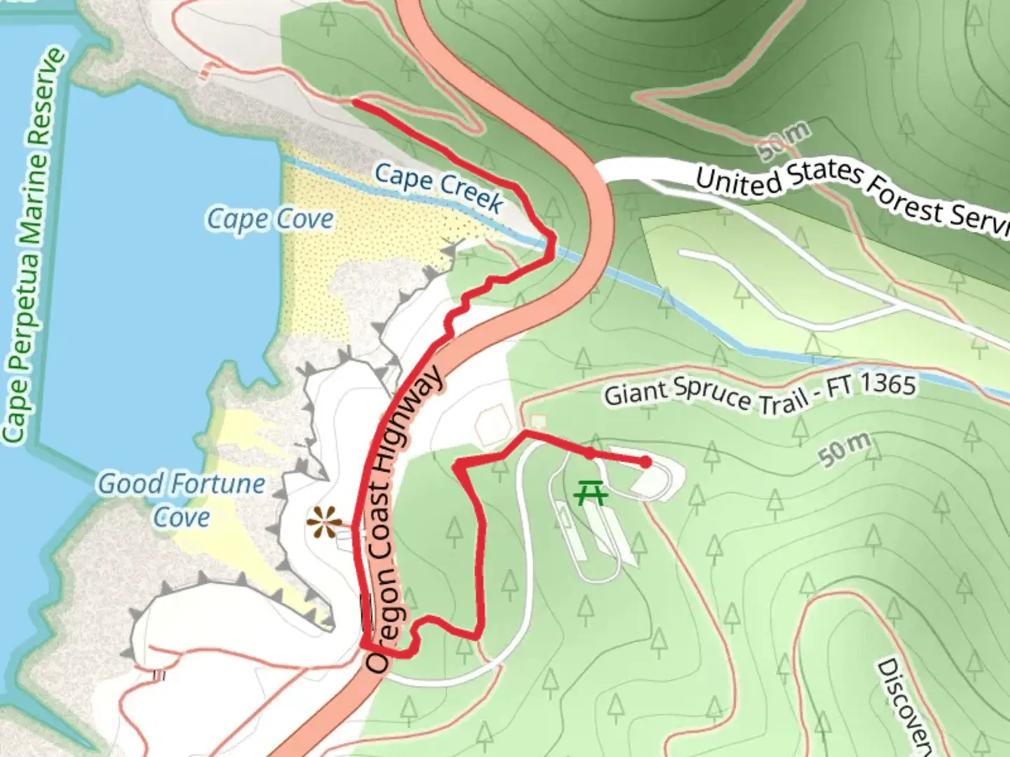 An image depicting the trail Oregon Coast and Cape Cove Trail and its surrounding area.