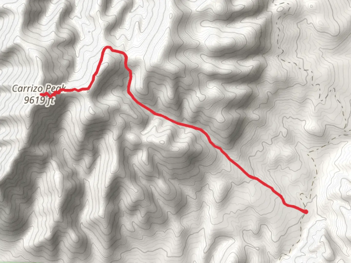 An image depicting the trail Carrizo Mountain via Johnnie Canyon Trail and Carrizo Peak Trail and its surrounding area.