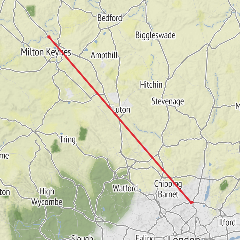 A map preview of the recording Milton Keynes Hiking.
