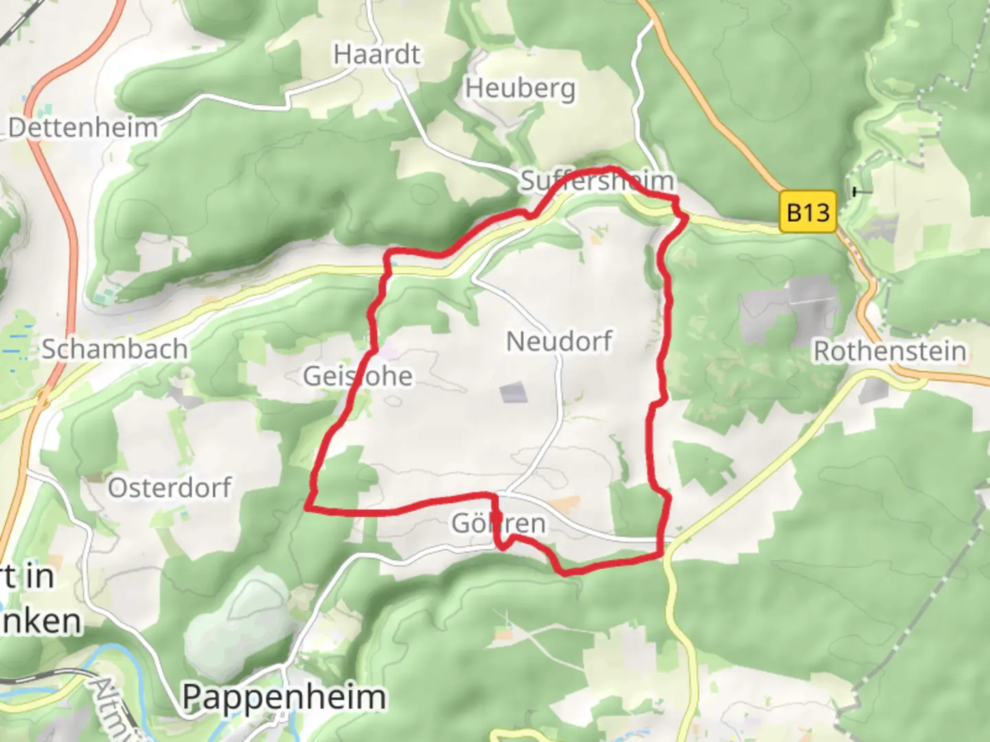 An image depicting the trail Ortswanderweg Pappenheim 12 and Gunthildisweg and its surrounding area.
