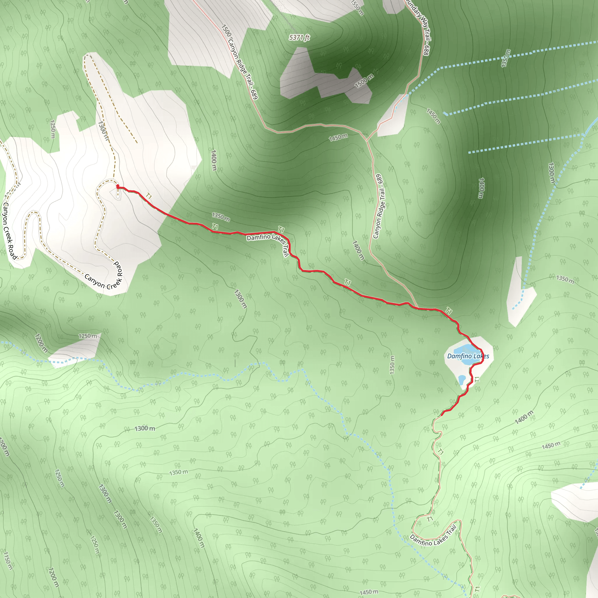 Damfino Lakes Trail Out and Back mobile static map