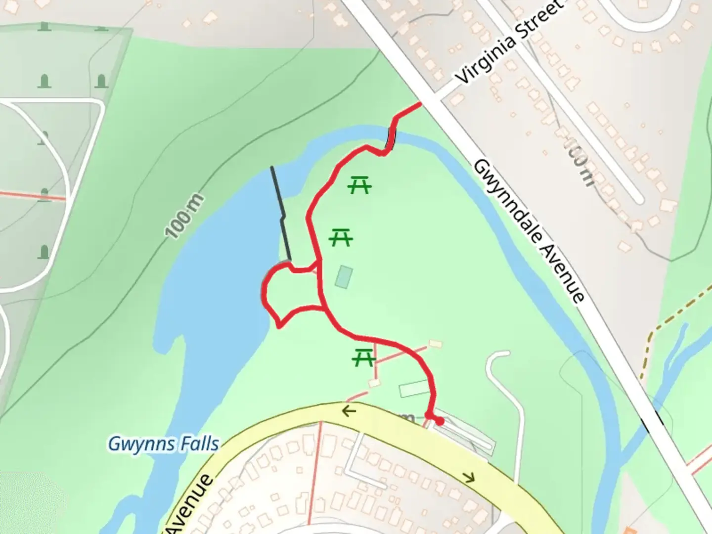 An image depicting the trail Gwynn Oak Park and its surrounding area.