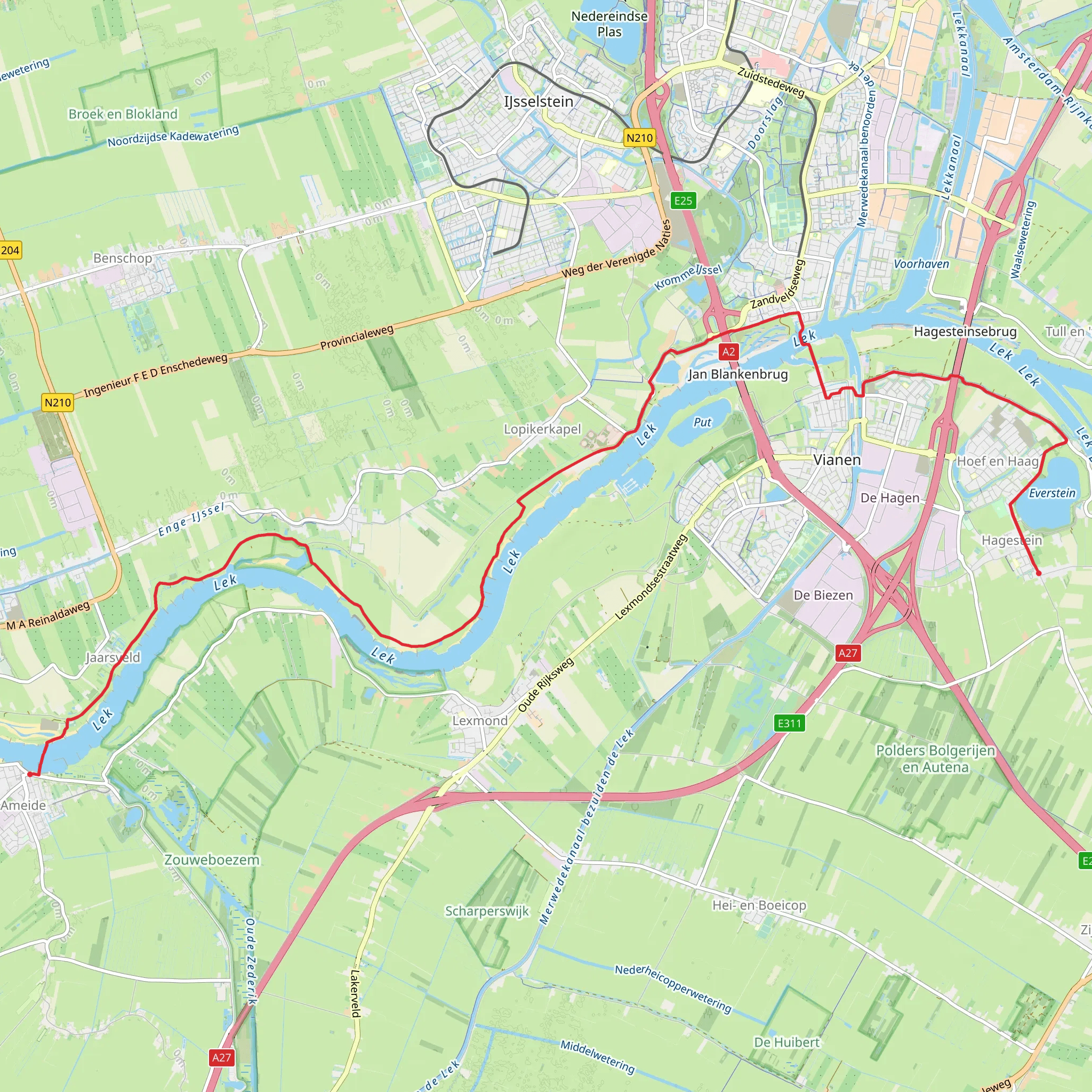 Ameide to Hoef en Haag via Lek and Everstein mobile static map