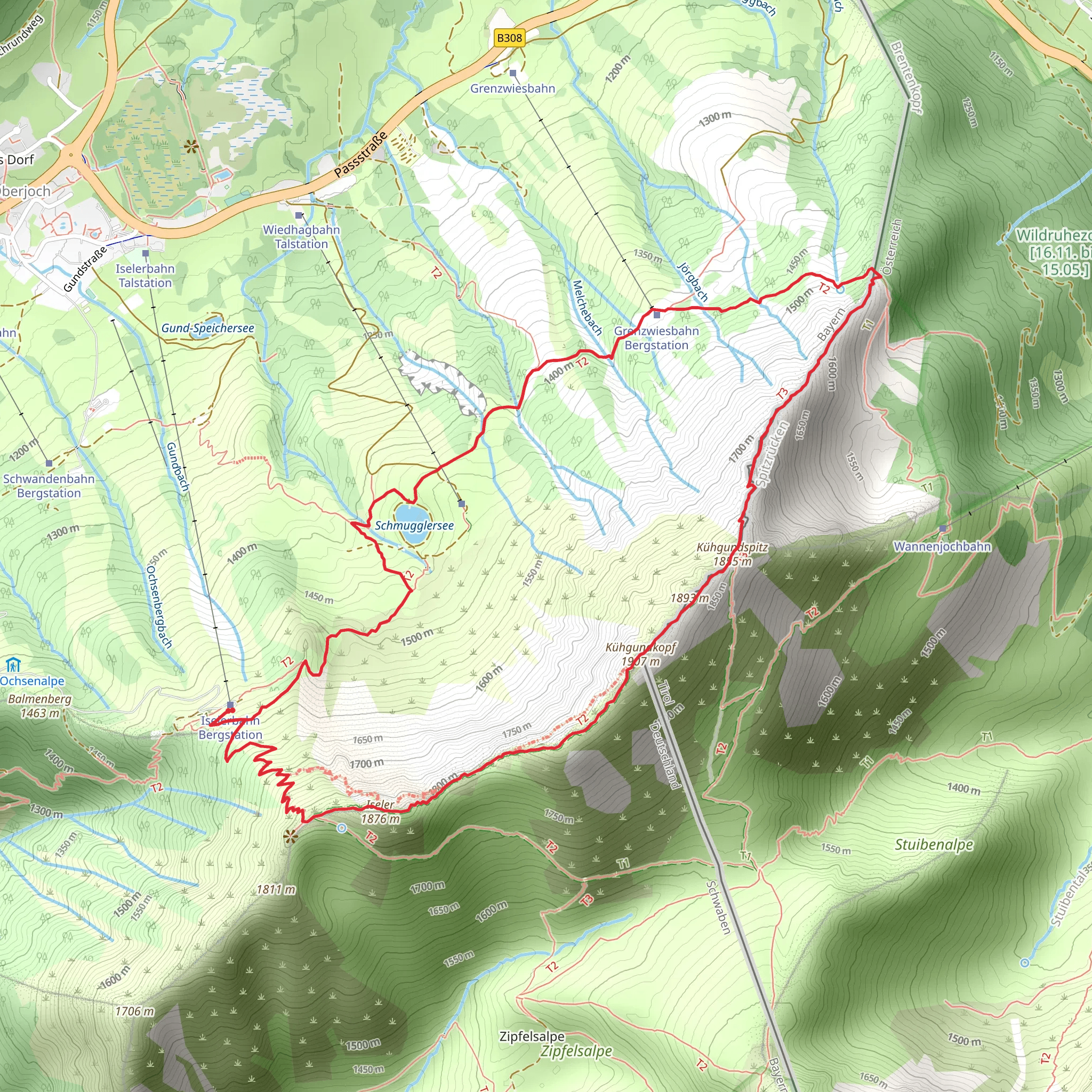 Iseler, Kuehgundkopf via Iselergrat and Schmugglerweg mobile static map