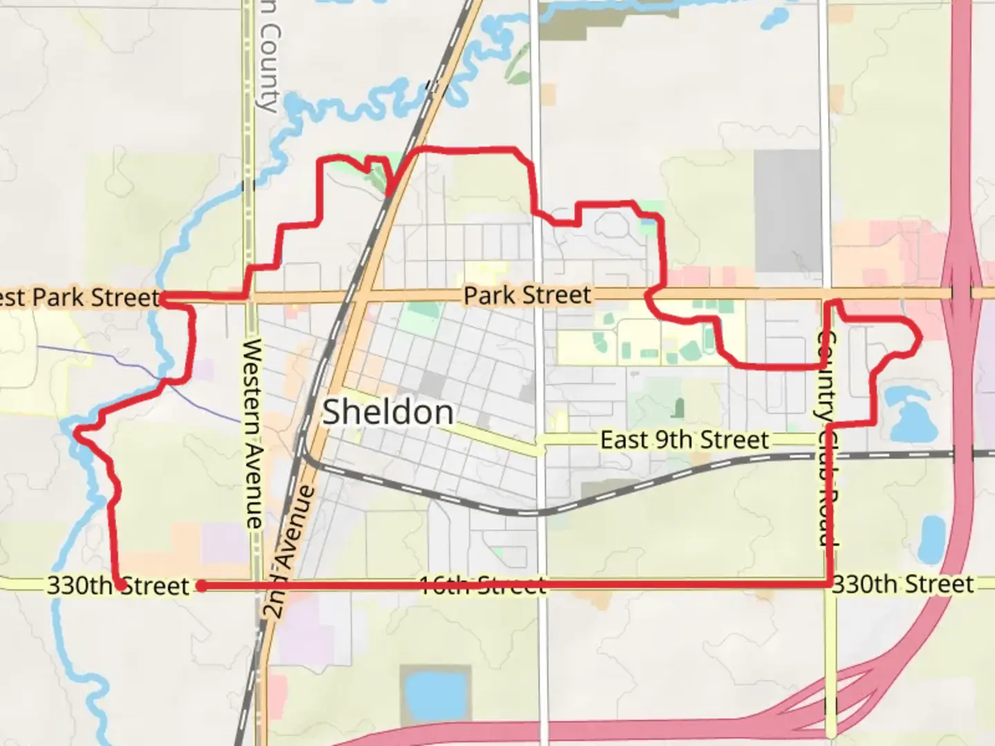 An image depicting the trail Floyd River, Hills Park and Sunrise Park Loop and its surrounding area.