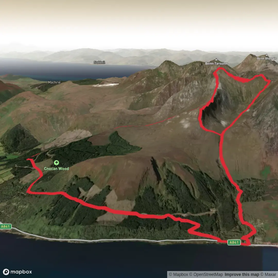 An image depicting the trail Goat Fell, Tommi's View and Cnocan Wood Loop and its surrounding area.