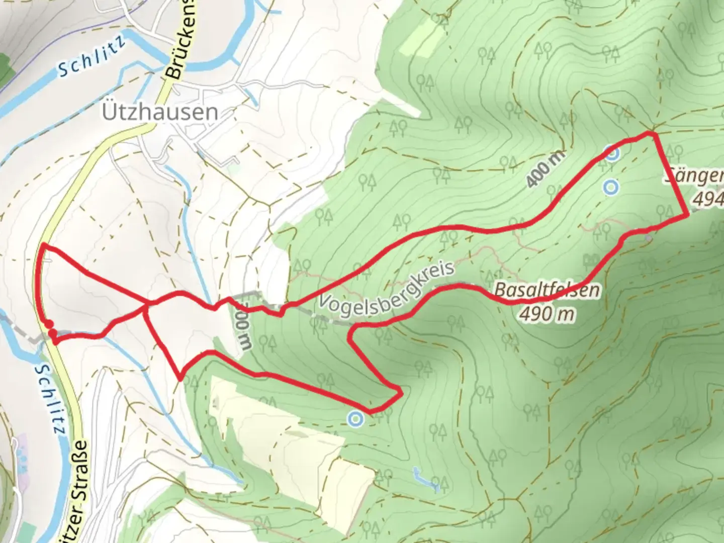 An image depicting the trail Basaltfelsen and Sängersberg Loop and its surrounding area.