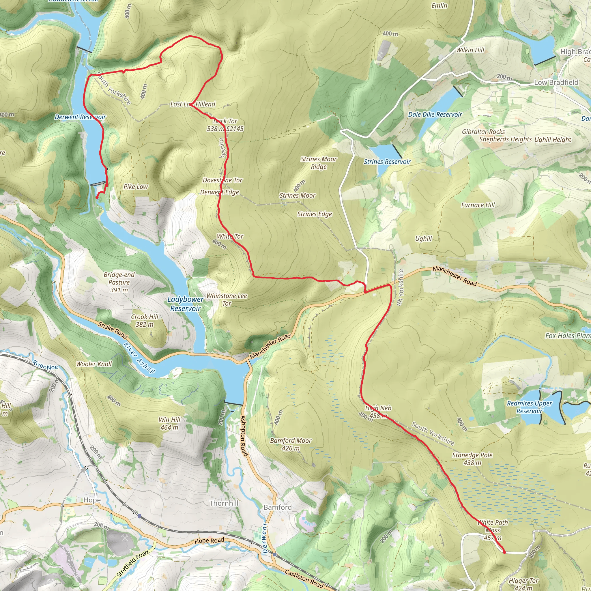 Ladybower Reservoir to White Path Moss Walk mobile static map