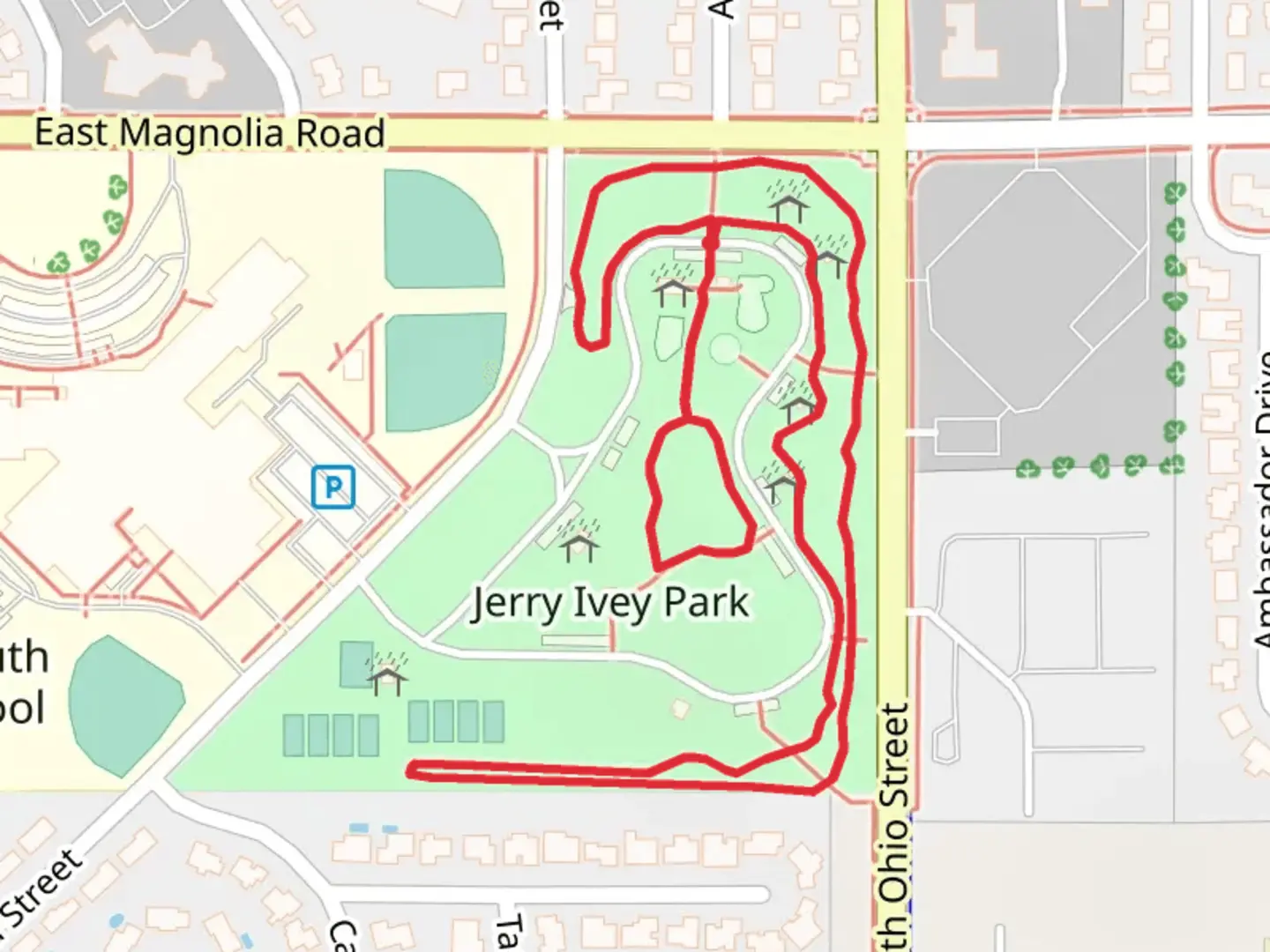 An image depicting the trail Jerry Ivey Park Loop and its surrounding area.