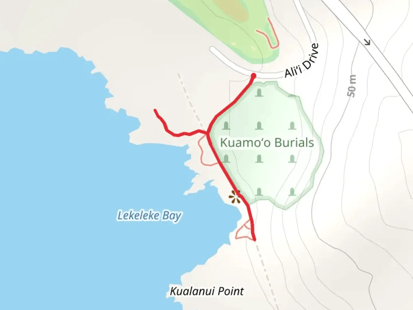 An image depicting the trail Kuamoʻo Burials and its surrounding area.