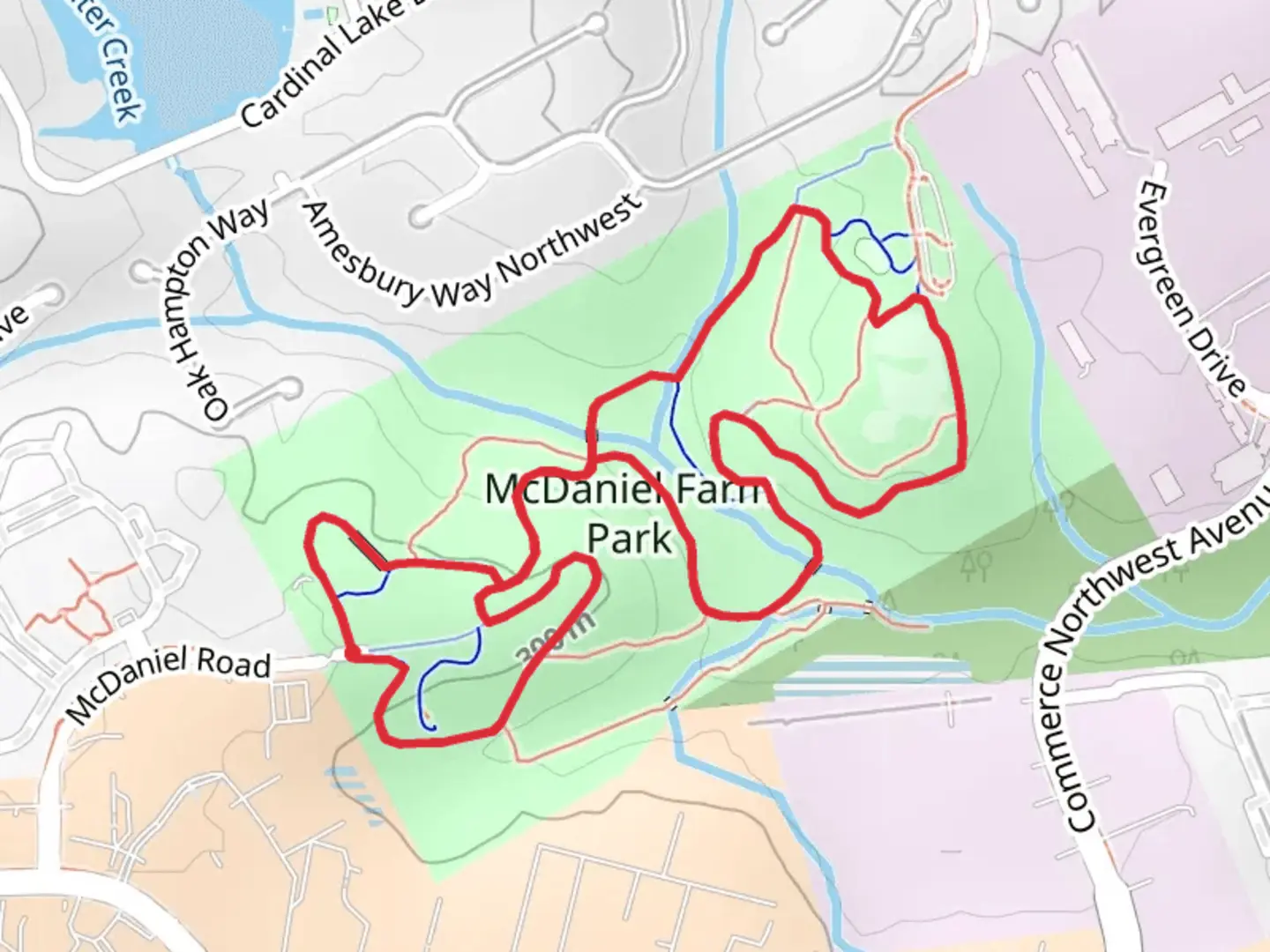 An image depicting the trail McDaniel Farm Park Loop and its surrounding area.