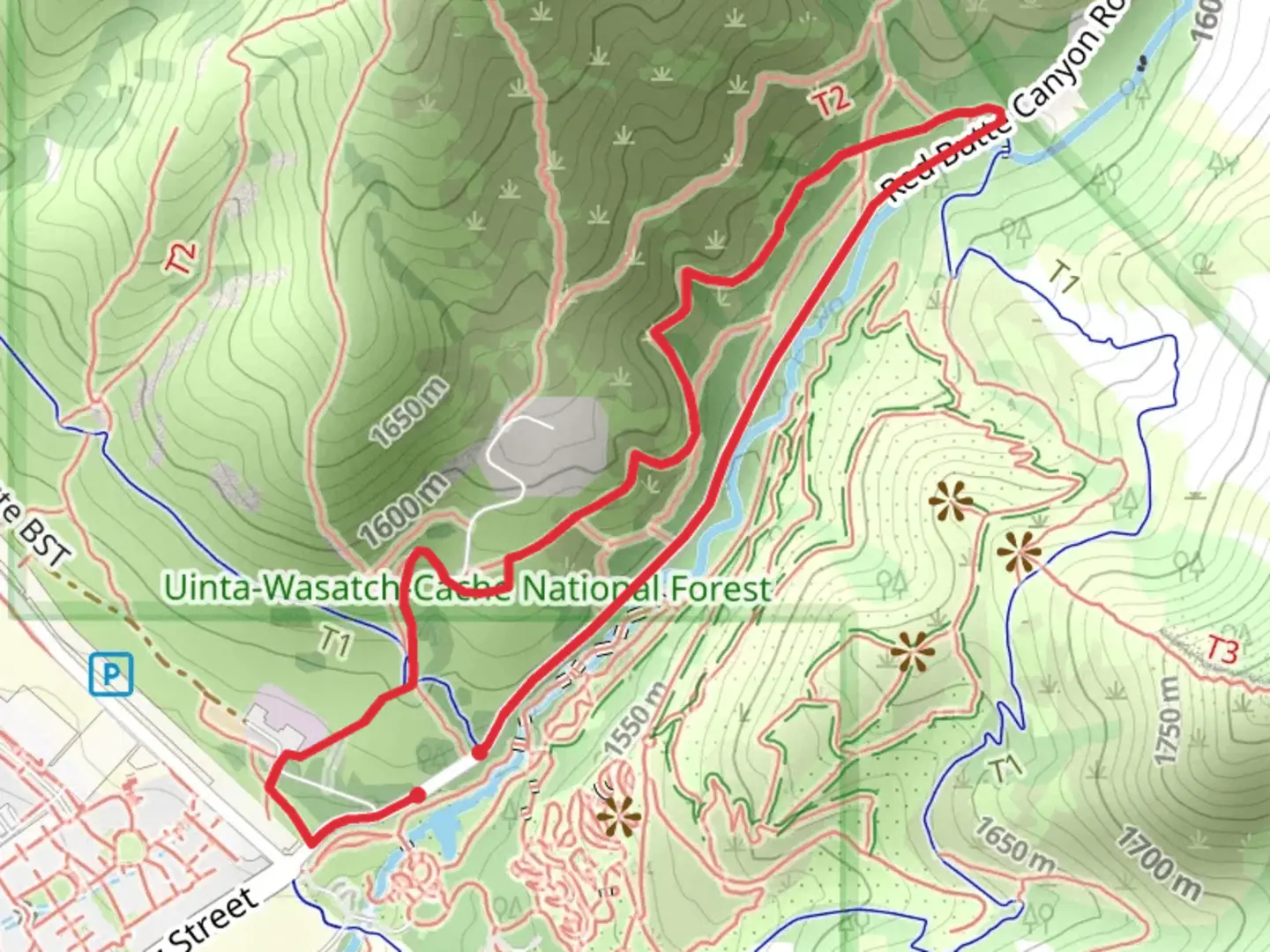 An image depicting the trail Red Butte North and Red Butte Creek Loop and its surrounding area.