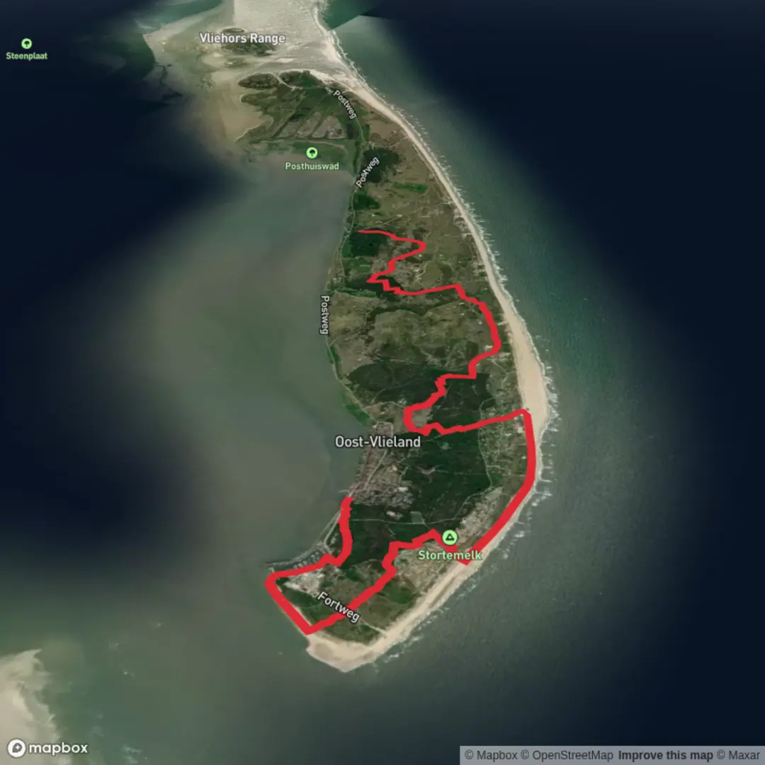 An image depicting the trail Oosterseveld to Trafostation via Waddenwandelen - Vlieland and its surrounding area.