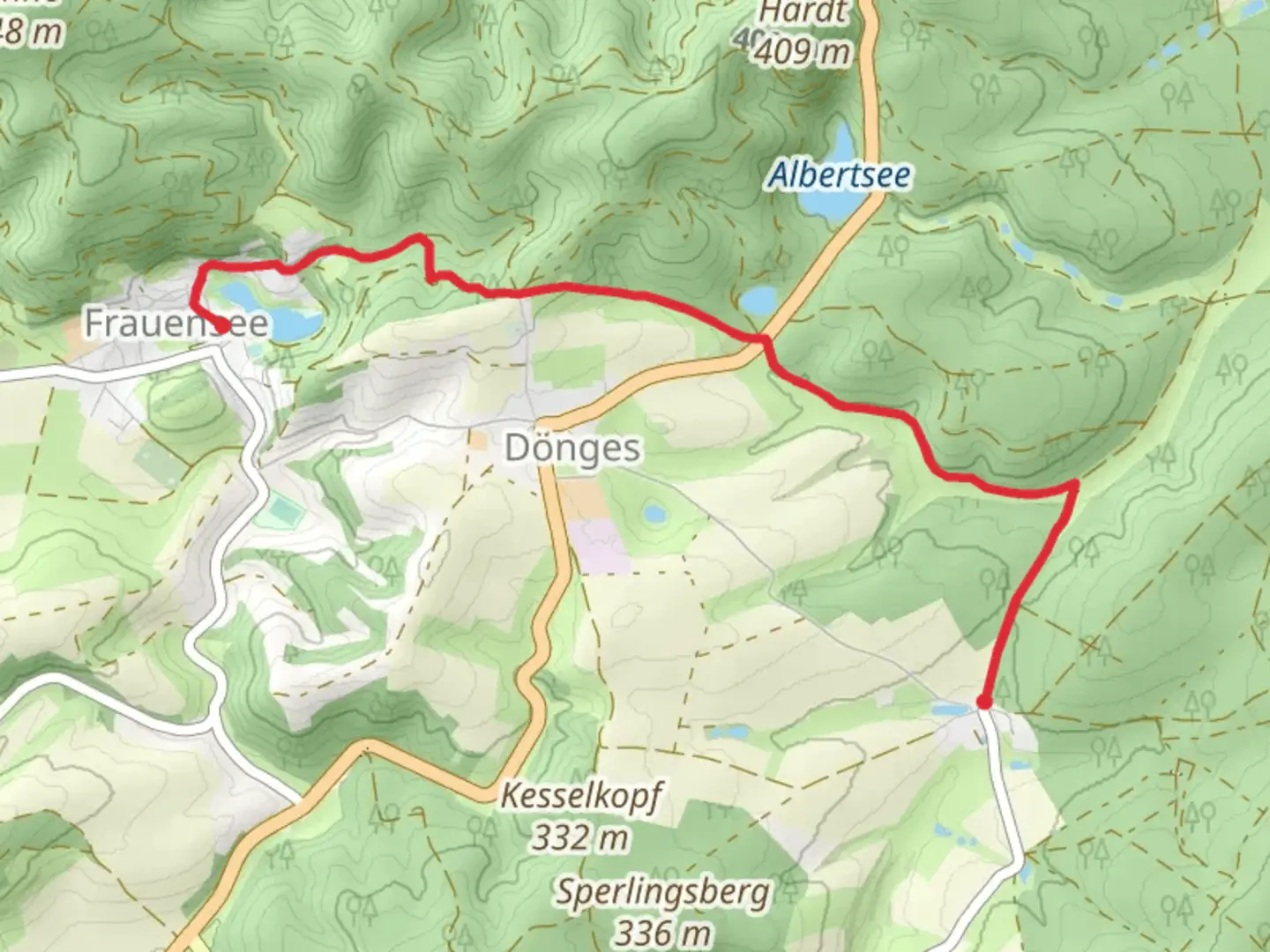 An image depicting the trail Frauensee to Weissendiez via Frauenseer Weg and its surrounding area.