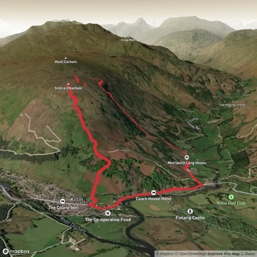 An image depicting the trail Ston a Chlachain and Moirlanich Long House Loop and its surrounding area.