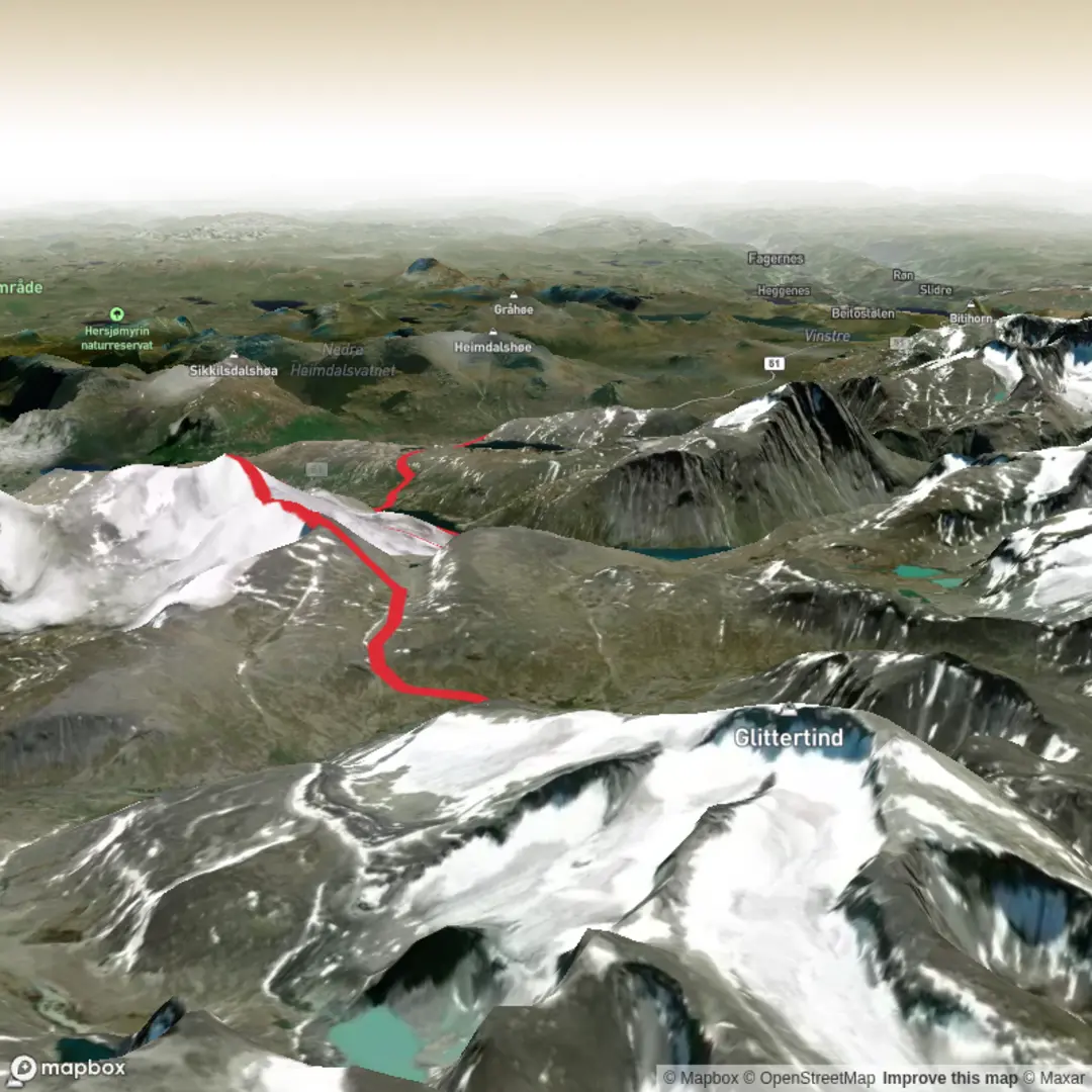 An image depicting the trail Glitterheim - Naustgardstinden - Gjendesheim and its surrounding area.