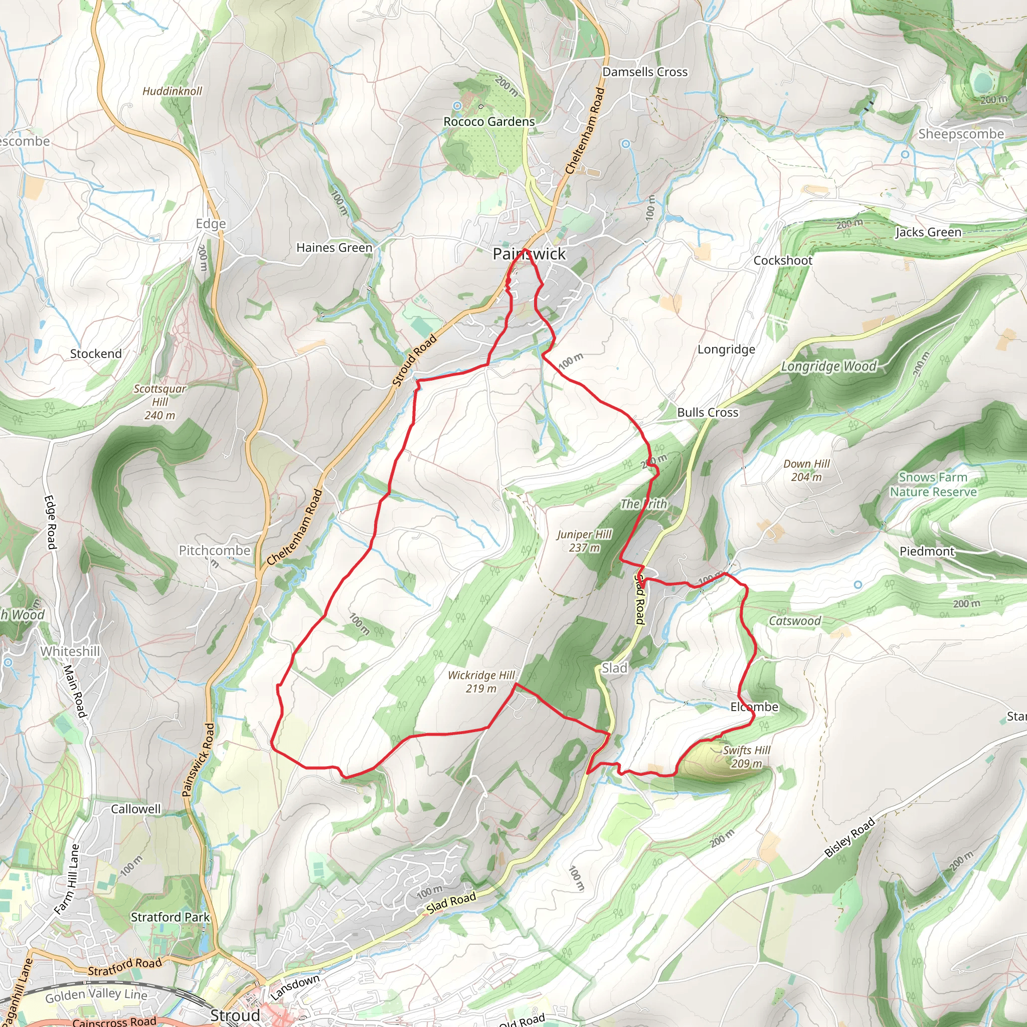 Painswick and Elcombe Loop via Heart Wood mobile static map
