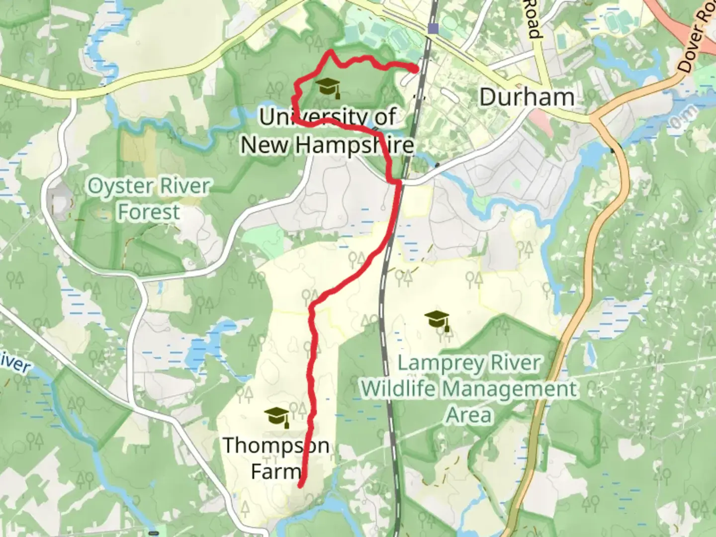 An image depicting the trail Oyster River Reservoir and College Brook and its surrounding area.