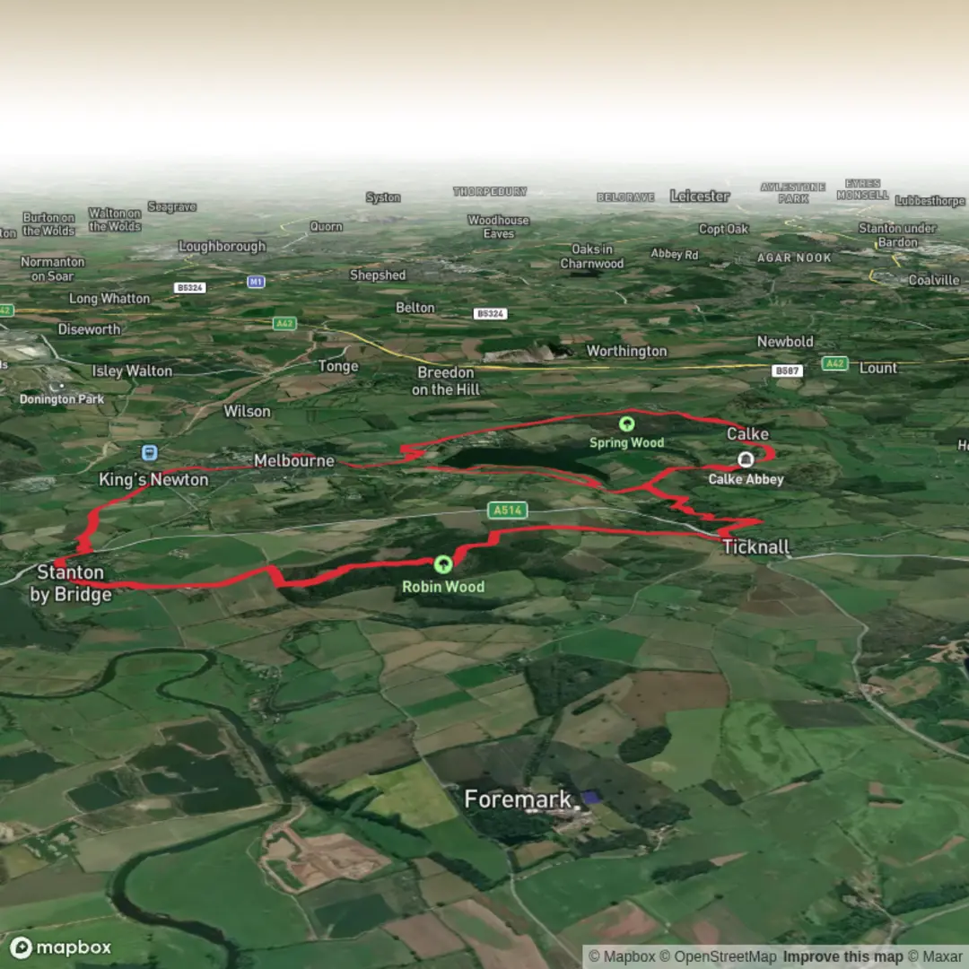 An image depicting the trail Hike from Ticknall to Calke Abbey with reservoir and its surrounding area.