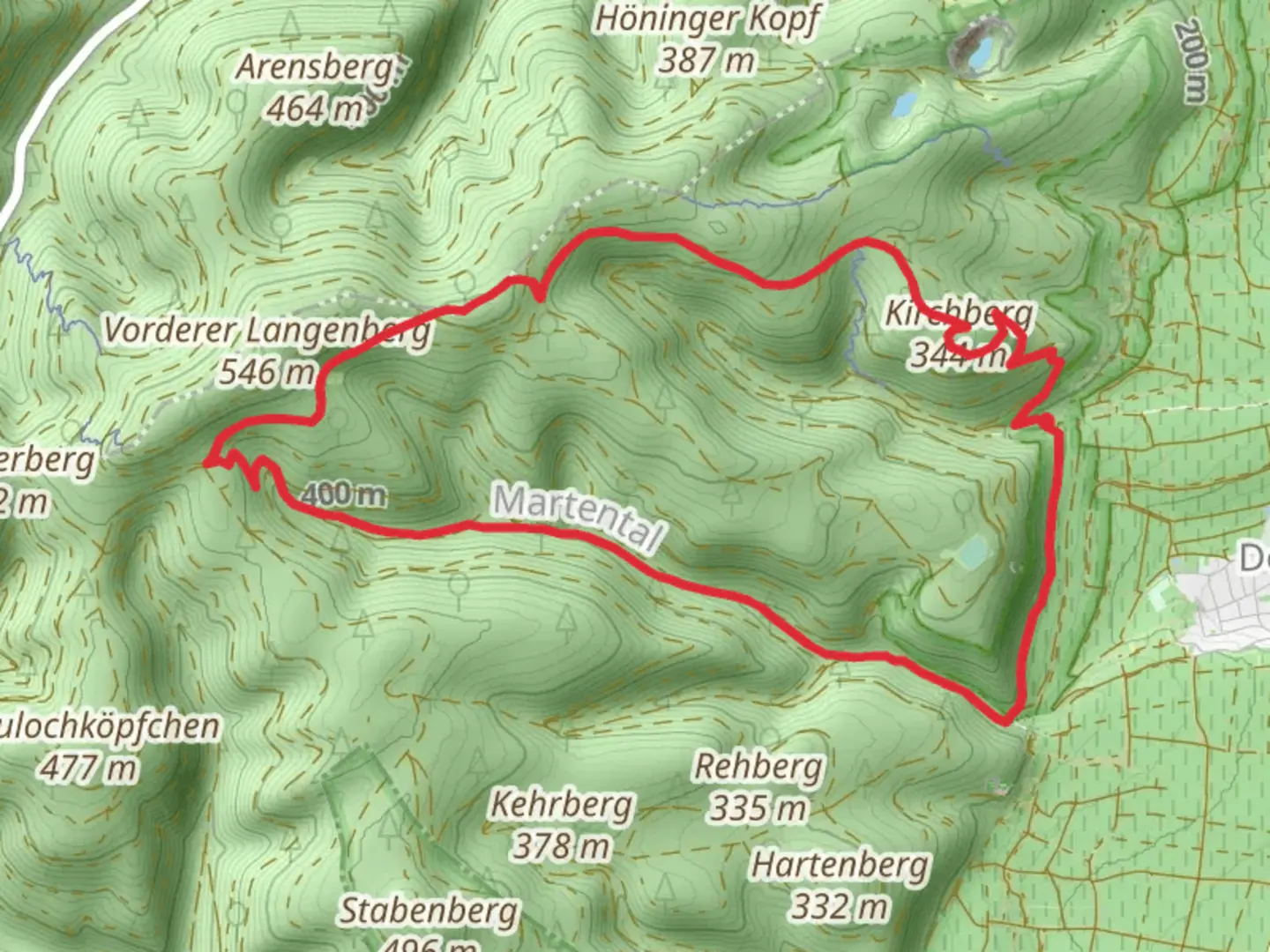 An image depicting the trail Kirchberg and Am Wiesen Stich via Muehltal and its surrounding area.