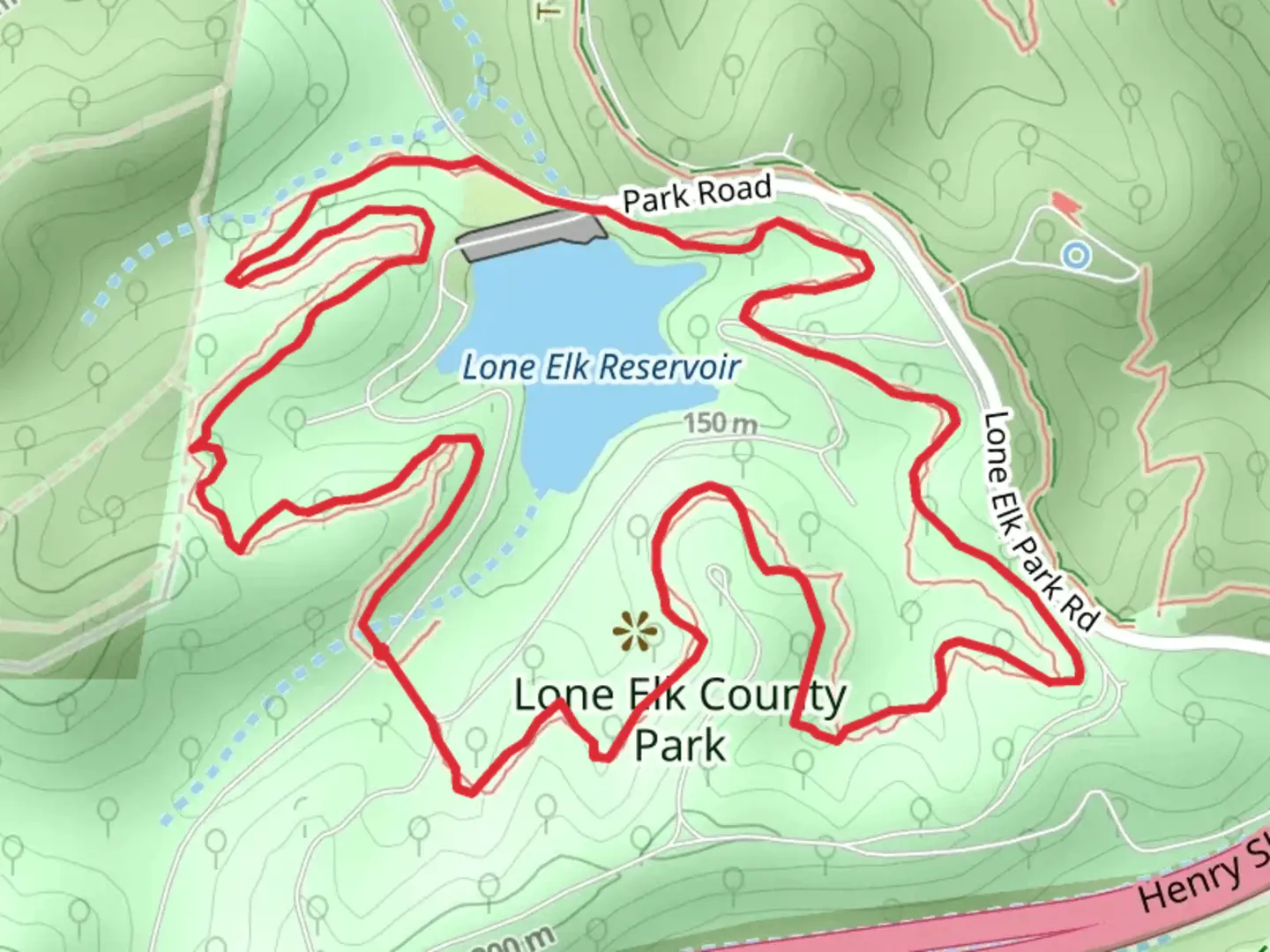 An image depicting the trail Lone Elk Reservoir Loop via White Buffalo Trail and its surrounding area.