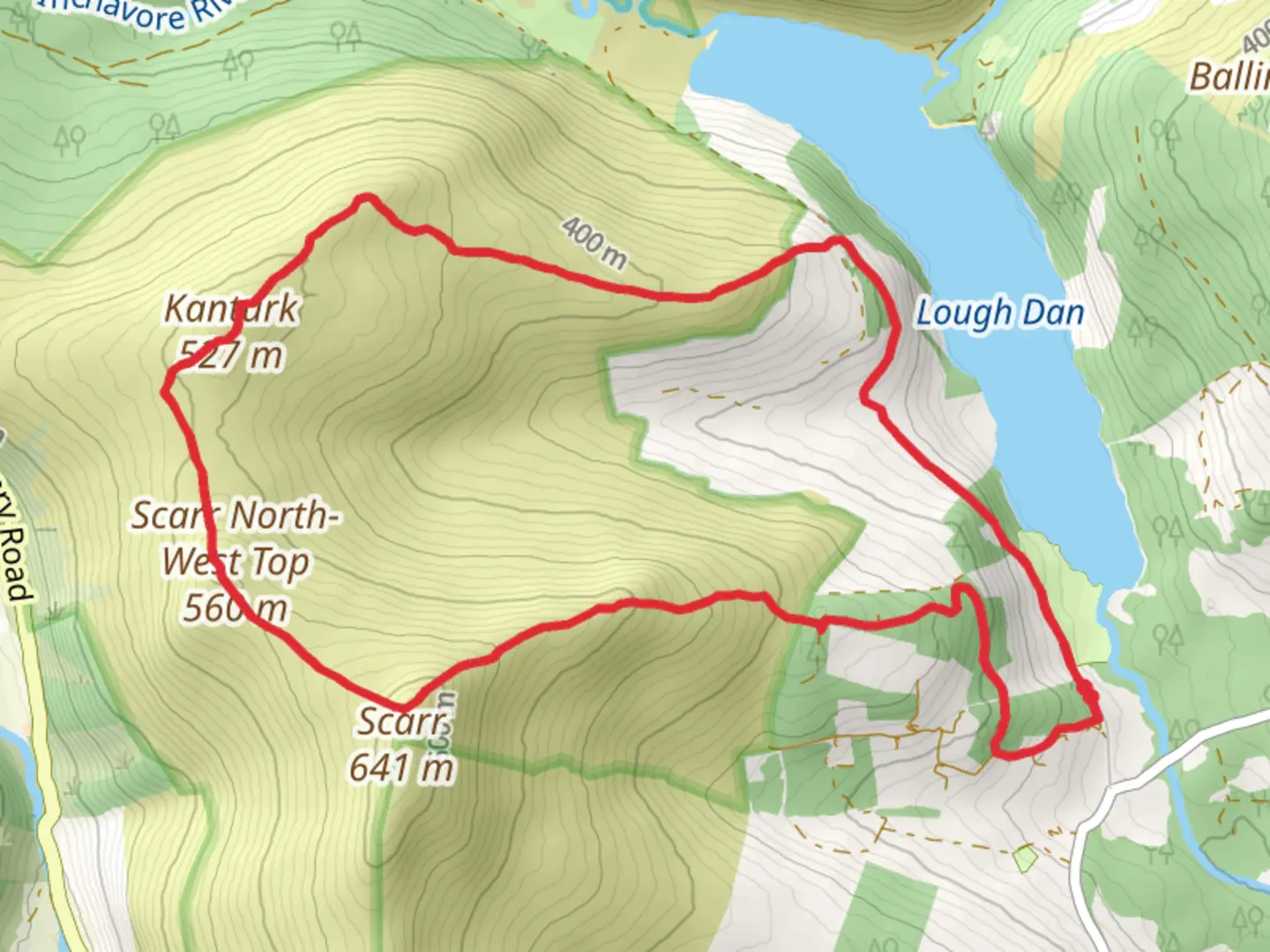 An image depicting the trail Lough Dan, Kanturch, Scarr and its surrounding area.