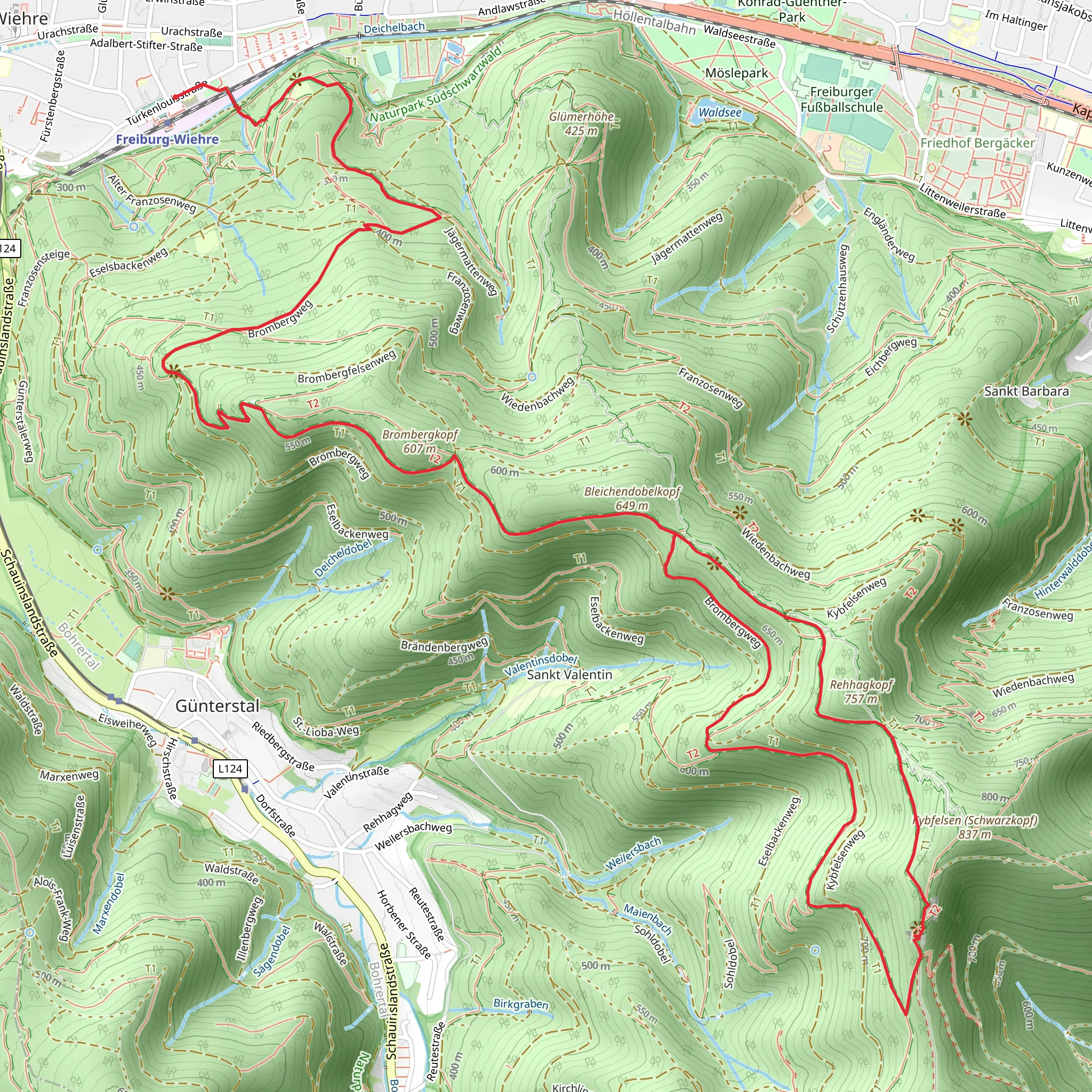 Bleichendobelkopf, Rehhagkopf and Kybfelsen Peak Loop via Freiburg Wiehre Station mobile static map