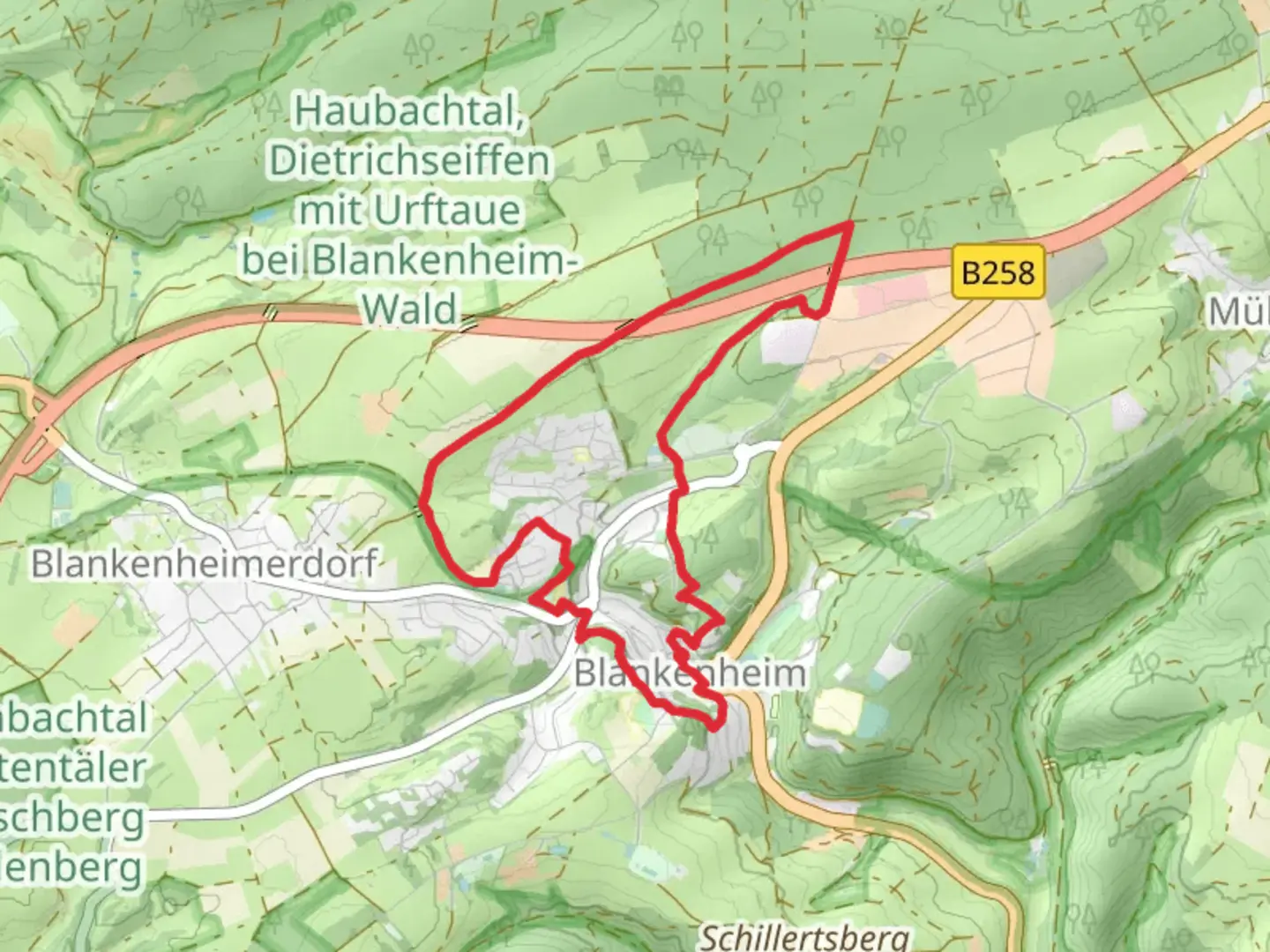 An image depicting the trail EifelSchleife Urspruenge Blankenheims and Felsenweg and its surrounding area.