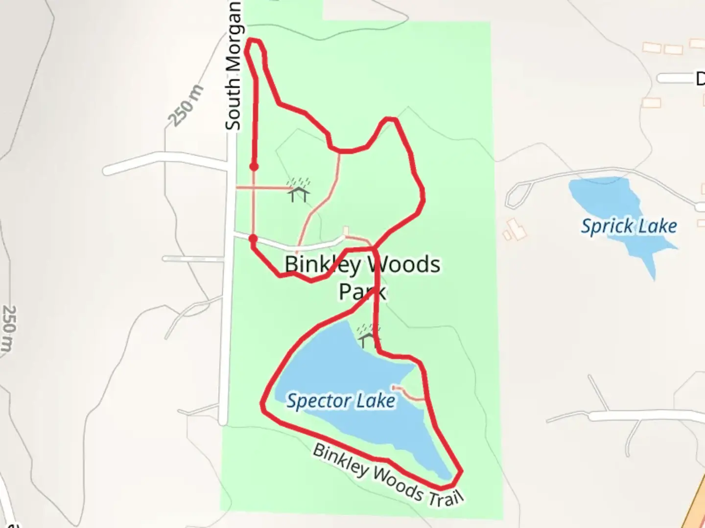 An image depicting the trail Rinkley Woods Park Loop and its surrounding area.