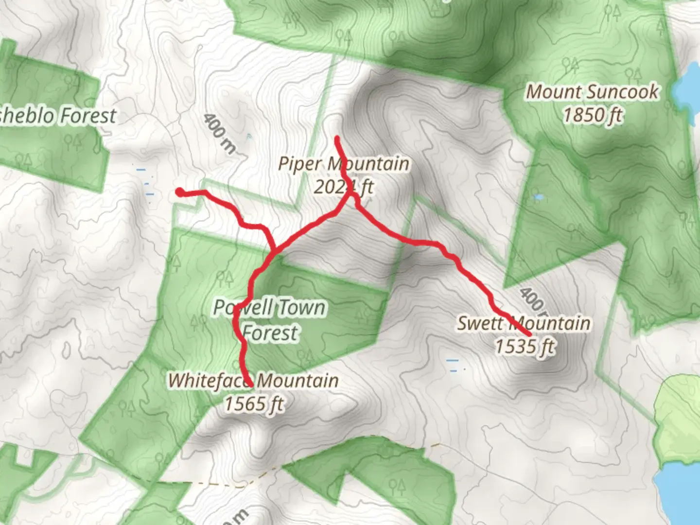 An image depicting the trail Whiteface Mountain to Swett Mountain to Piper Mountain and its surrounding area.