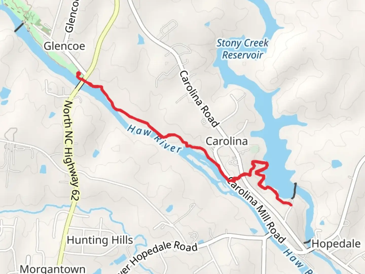 An image depicting the trail Haw River Trail from Glencoe and its surrounding area.