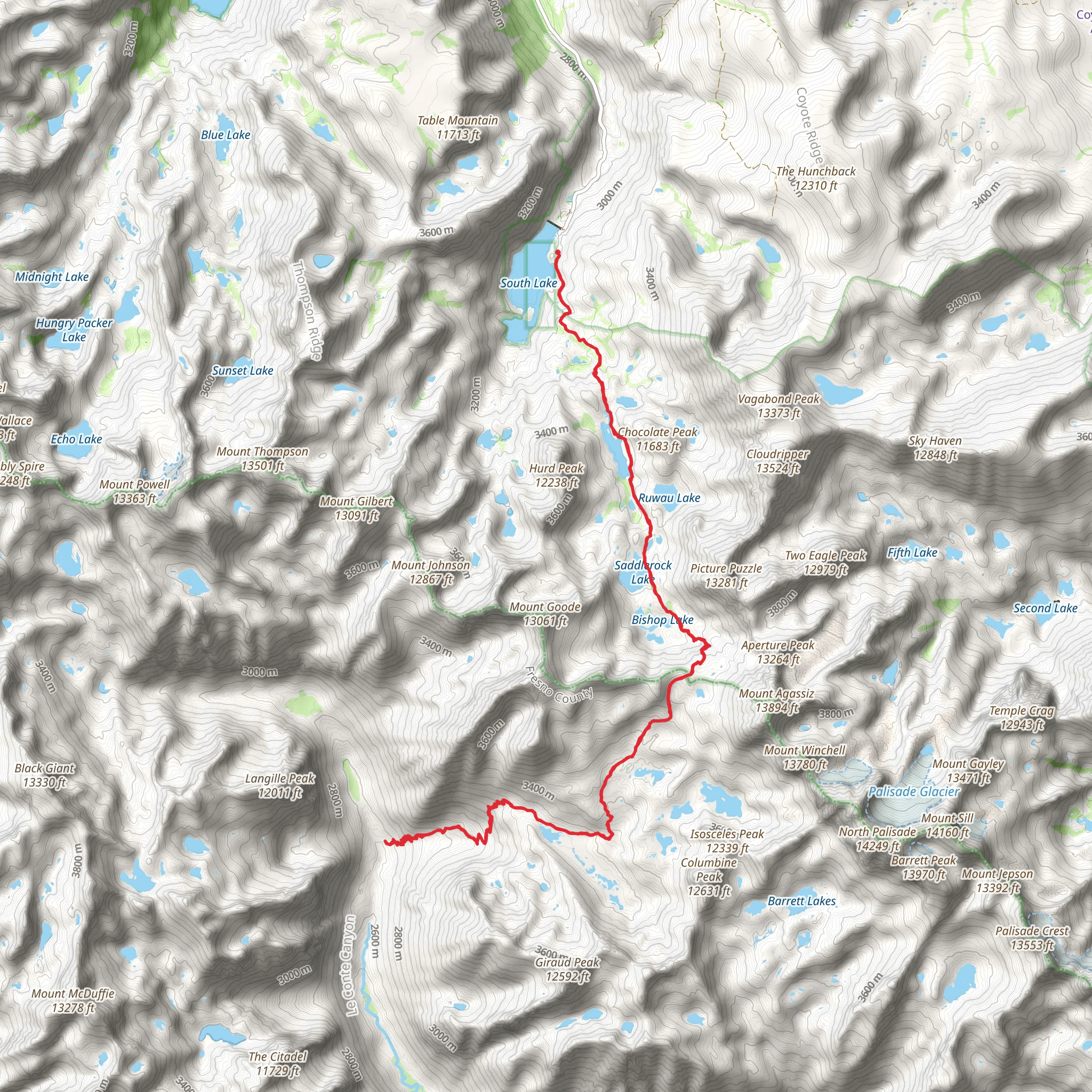 Bishop Pass Trail via South Lake mobile static map