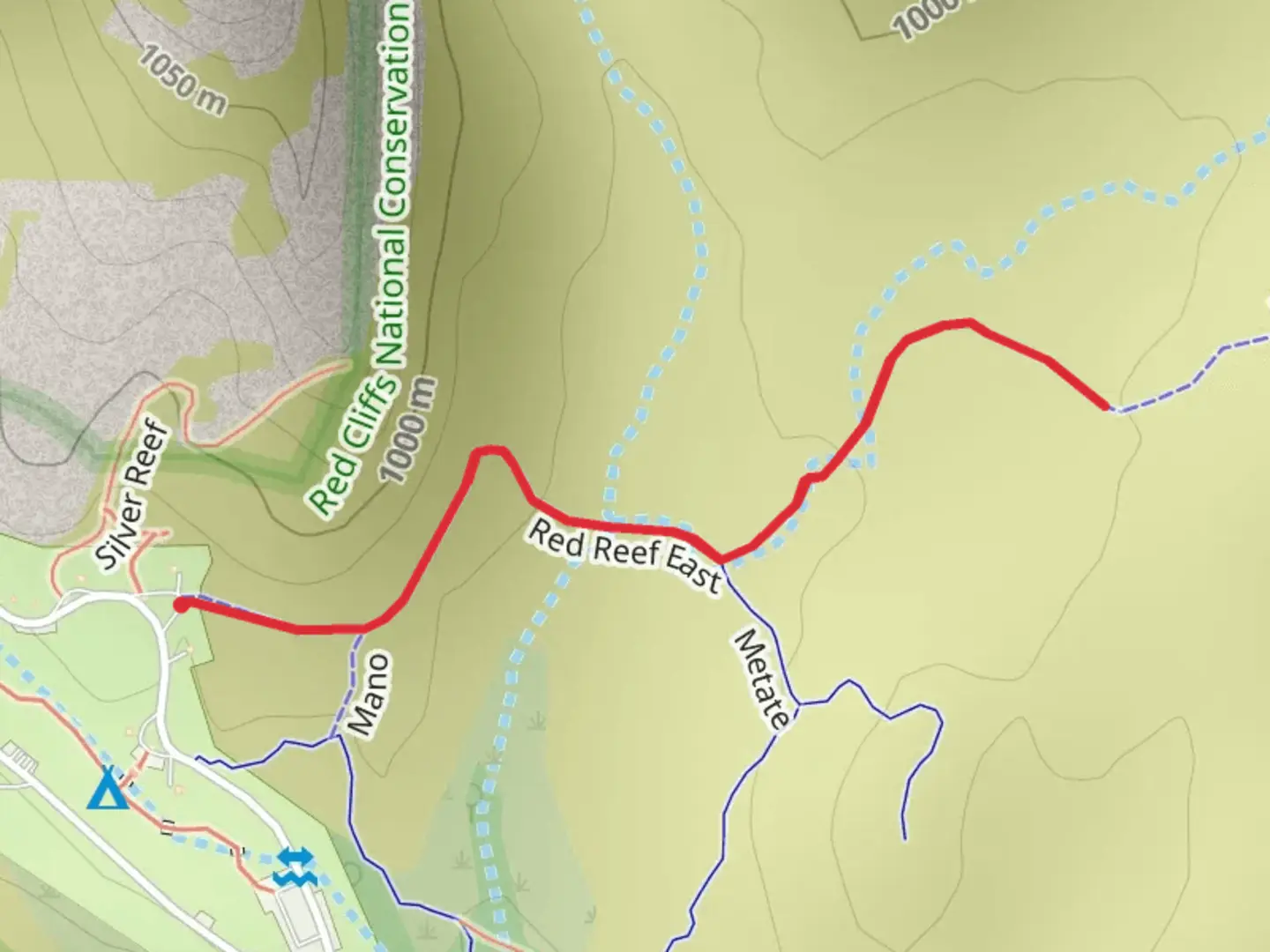 An image depicting the trail Red Reef East Trail Out and Back and its surrounding area.