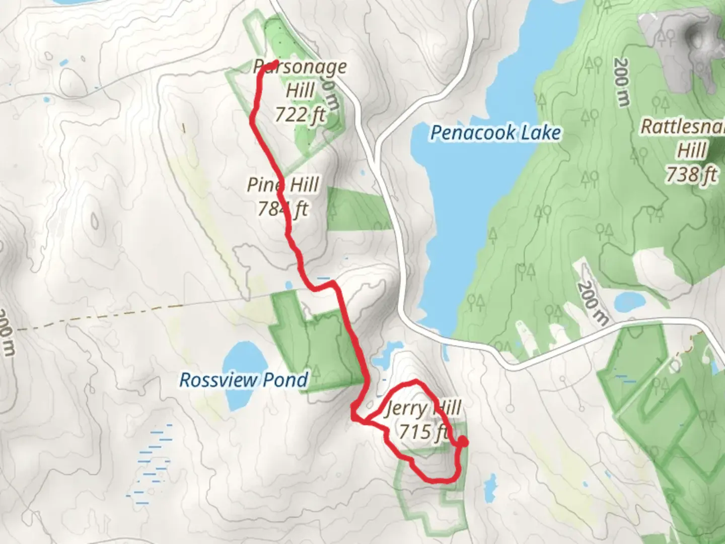 An image depicting the trail Jerry Hill and Pine Hill via Carter Hill Connector Loop and its surrounding area.