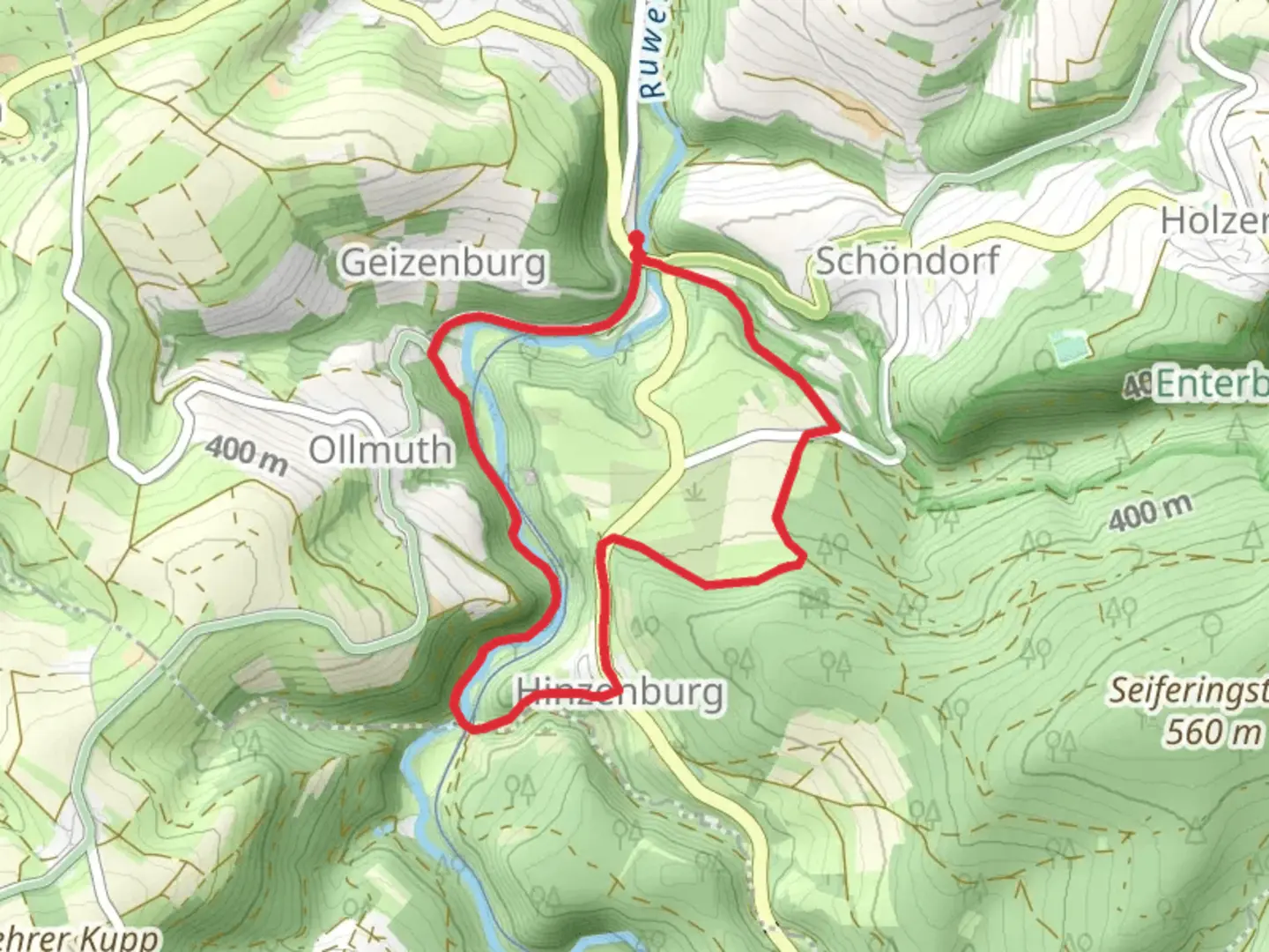 An image depicting the trail Pluwig-Hammer to Hinzenburg Loop and its surrounding area.