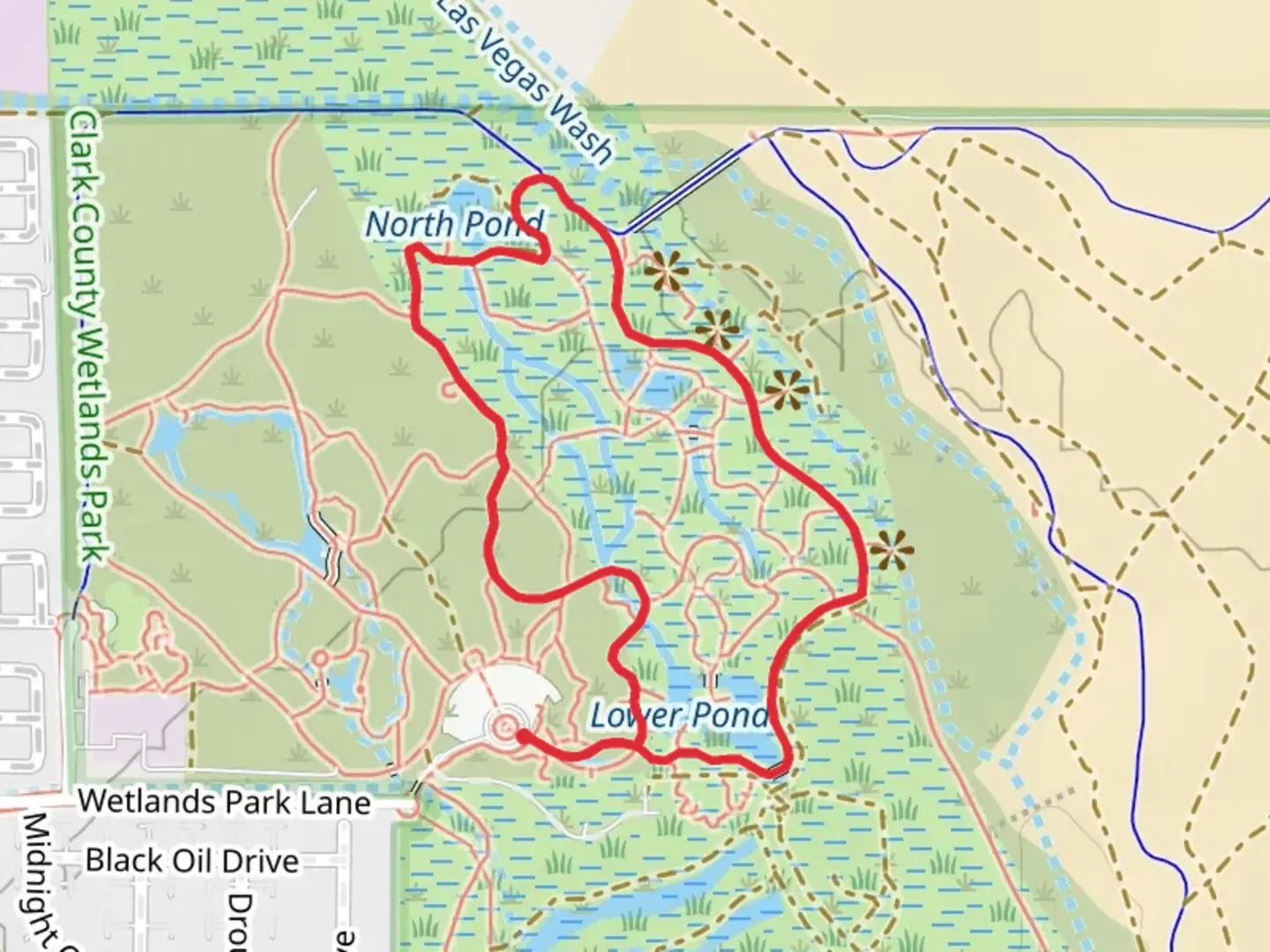 An image depicting the trail Overlook Way, Nature Preserve Way and Roadrunner Symbol Path Loop and its surrounding area.