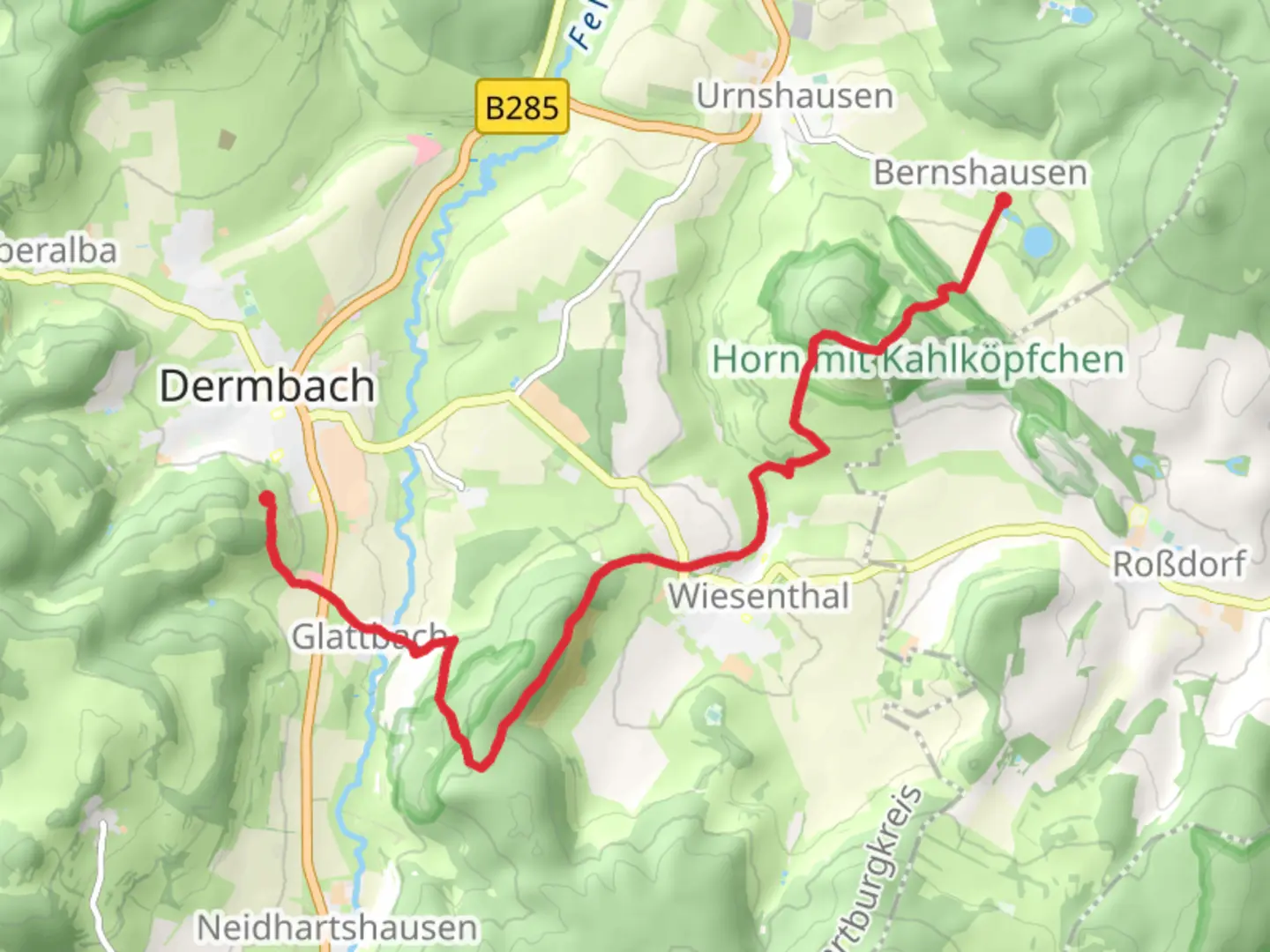 An image depicting the trail Dermbach to Bernshausen via Hochrhoener and its surrounding area.