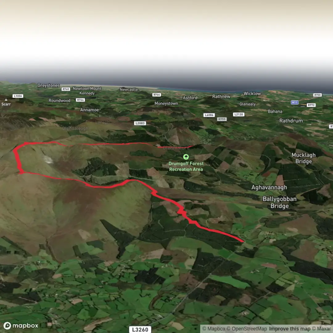 An image depicting the trail Lugnaquilla via Slievemaan - return via Drumgoff and its surrounding area.