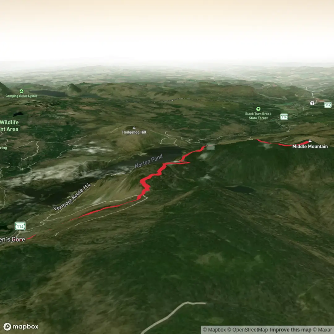 An image depicting the trail Middle Mountain via Unknown Pond Trail and Middle Mountain Trail and its surrounding area.