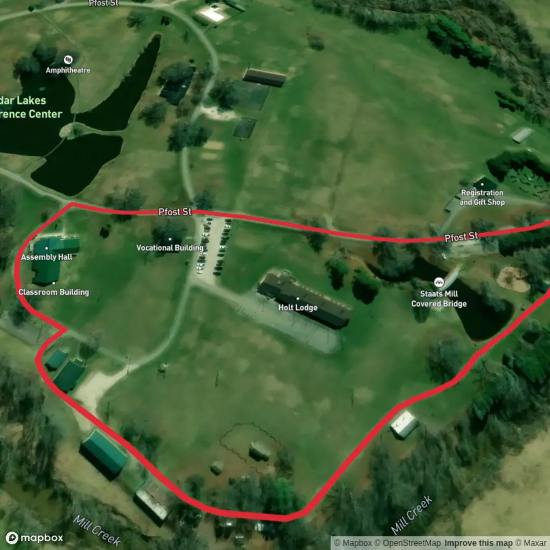 An image depicting the trail Log Cabin Walking Trail and Covered Bridge Walking Trail and its surrounding area.