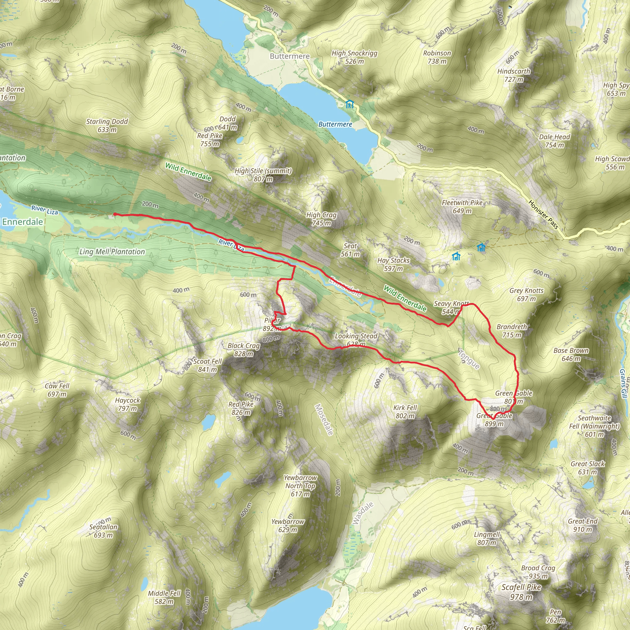 Pillar Rock, Great Gable and Windy Gap Loop from High Gillertnwaite mobile static map